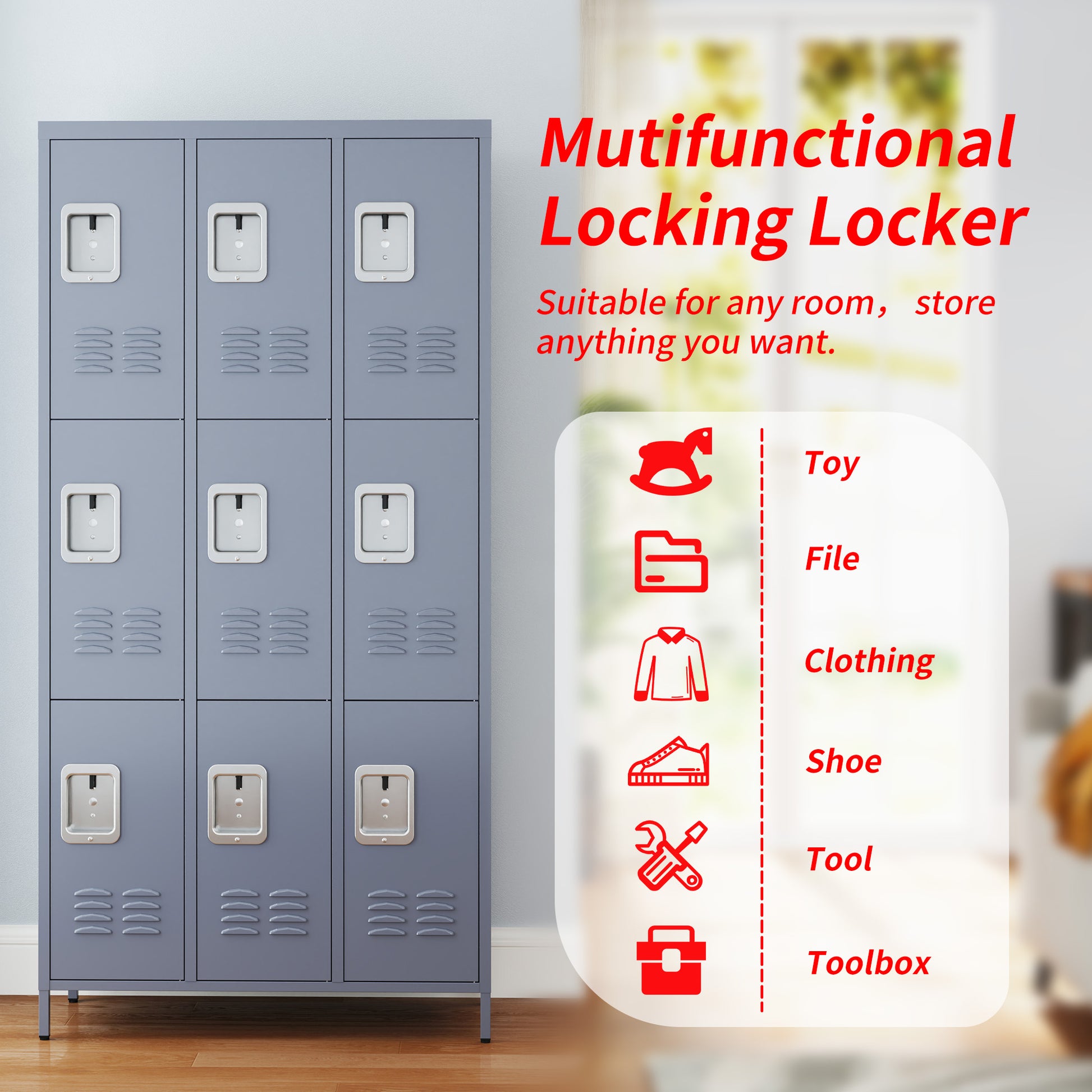 9 Door 72"H Metal Lockers With Lock For Employees,School,Office,Gym,Bedroom,Storage Locker Cabinet,Gray,Assembly Required Gray Gym Modern Metal Metal