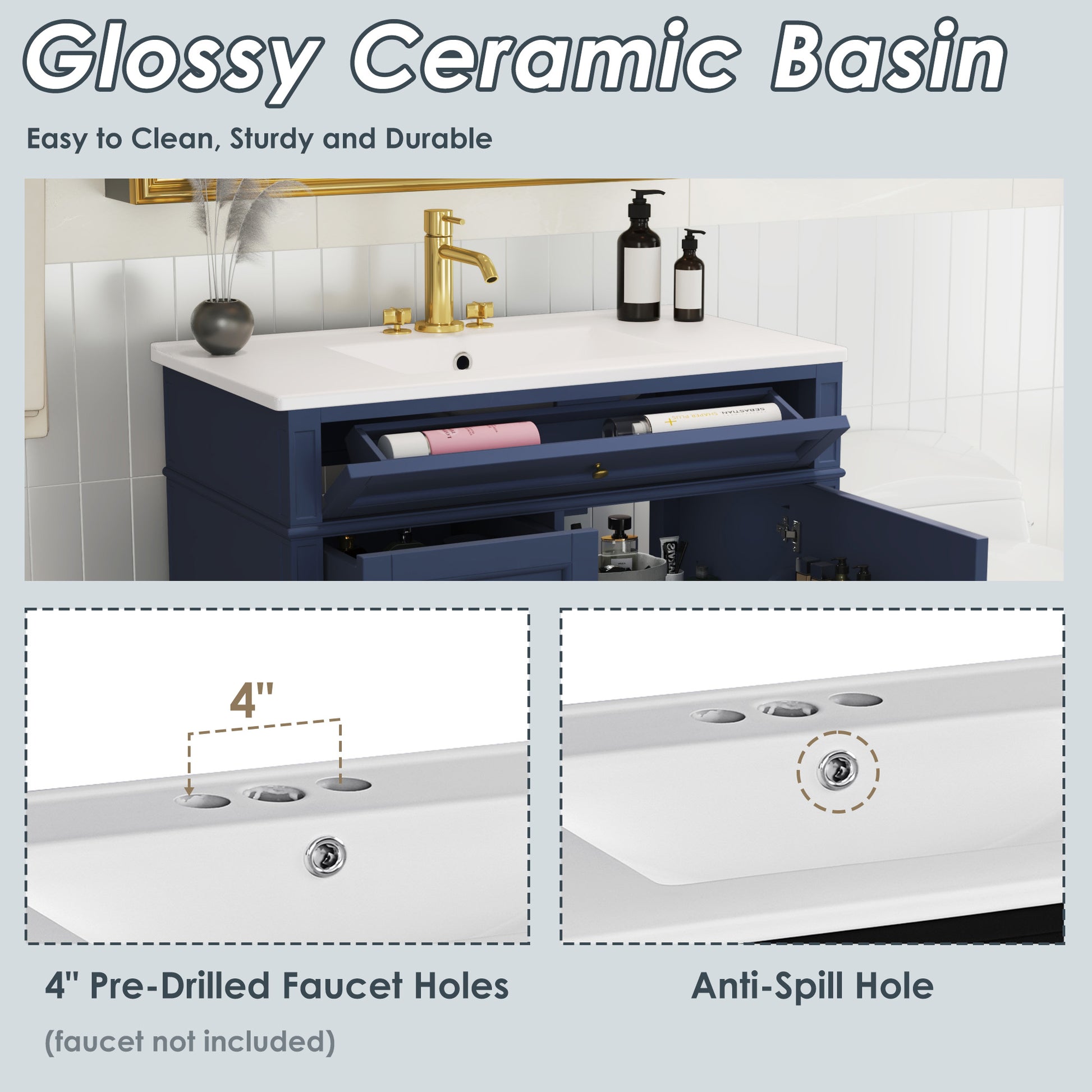 36'' Bathroom Vanity With Top Sink, Modern Bathroom Storage Cabinet With 2 Drawers And A Tip Out Drawer, Single Sink Bathroom Vanity Blue Bathroom Solid Wood Mdf Ceramic,Solid Wood Mdf