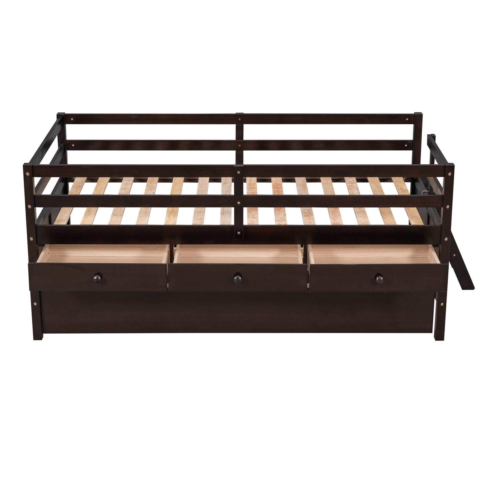 Low Loft Bed Twin Size With Full Safety Fence, Climbing Ladder, Storage Drawers And Trundle Espresso Solid Wood Bed Espresso Solid Wood