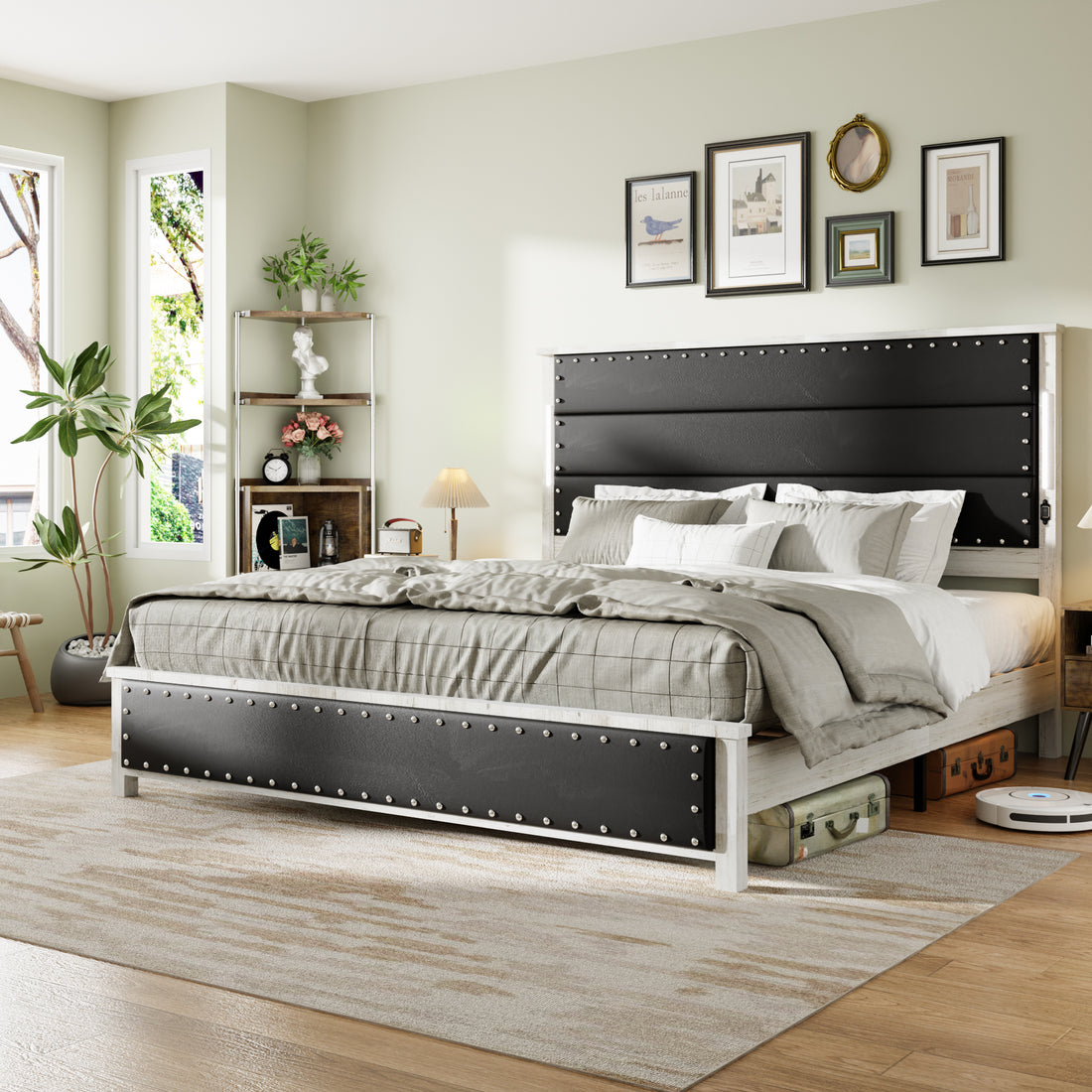 King Size Bed Frame With Upholstered Headboard, King Bed Frame With Charging Station And Led Lights, Wood Slats, Dark Gray Faux Leather & Rivets, No Box Spring Needed, Easy Assembly Box Spring Not Required King Antique White Gray Wood Bedroom Bed Frame