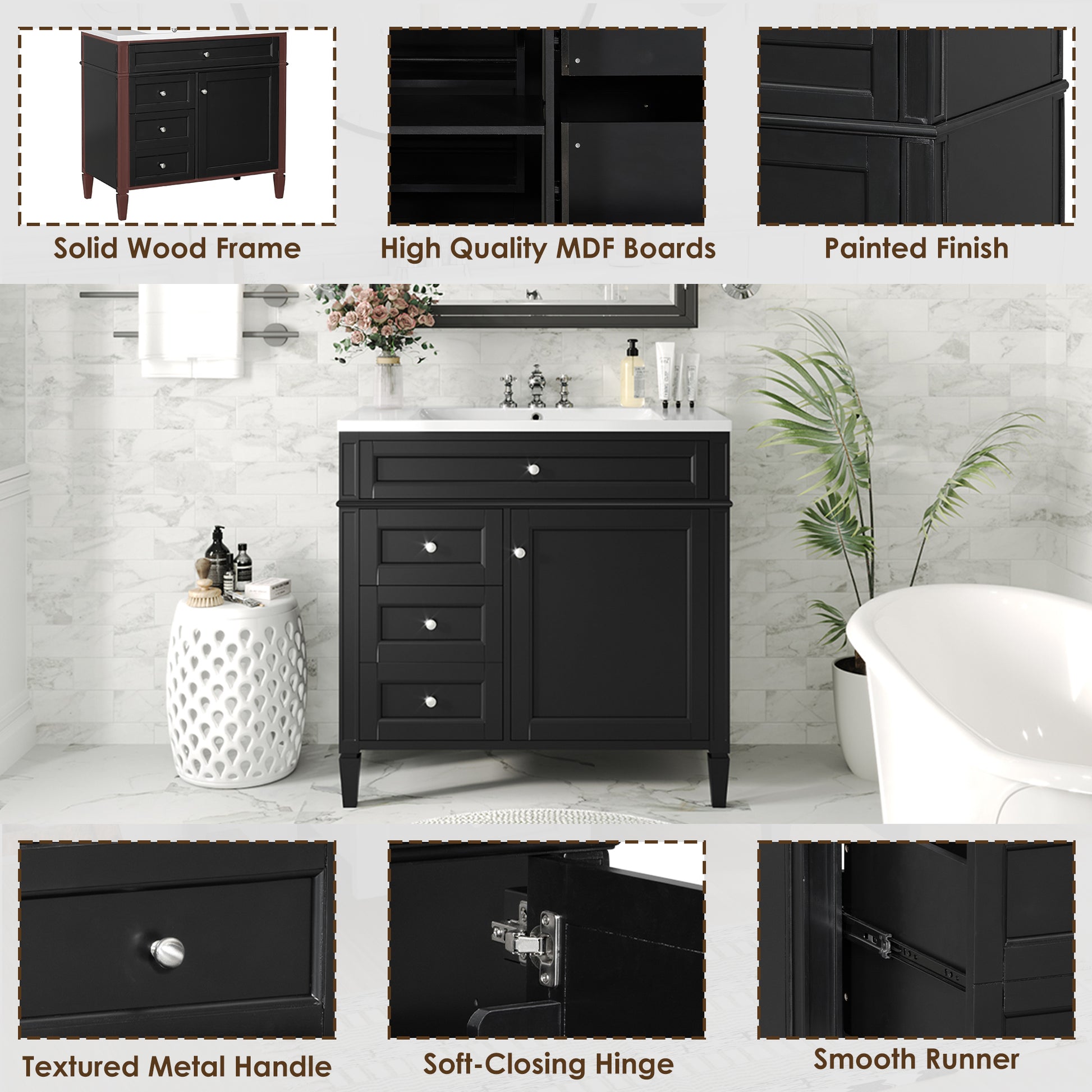 36'' Bathroom Vanity With Top Sink, Modern Bathroom Storage Cabinet With 2 Drawers And A Tip Out Drawer, Single Sink Bathroom Vanity Black Bathroom Solid Wood Mdf