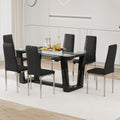 Table And Chair Set.A Rectangular Dining Table Features With Tempered Glass Top And Sleek Black Mdf Stand.Paried With 6 Pu Chairs With Checkered Armless High Back And Electroplated Metal Legs. Black,Transparent Seats 6 Mdf Glass