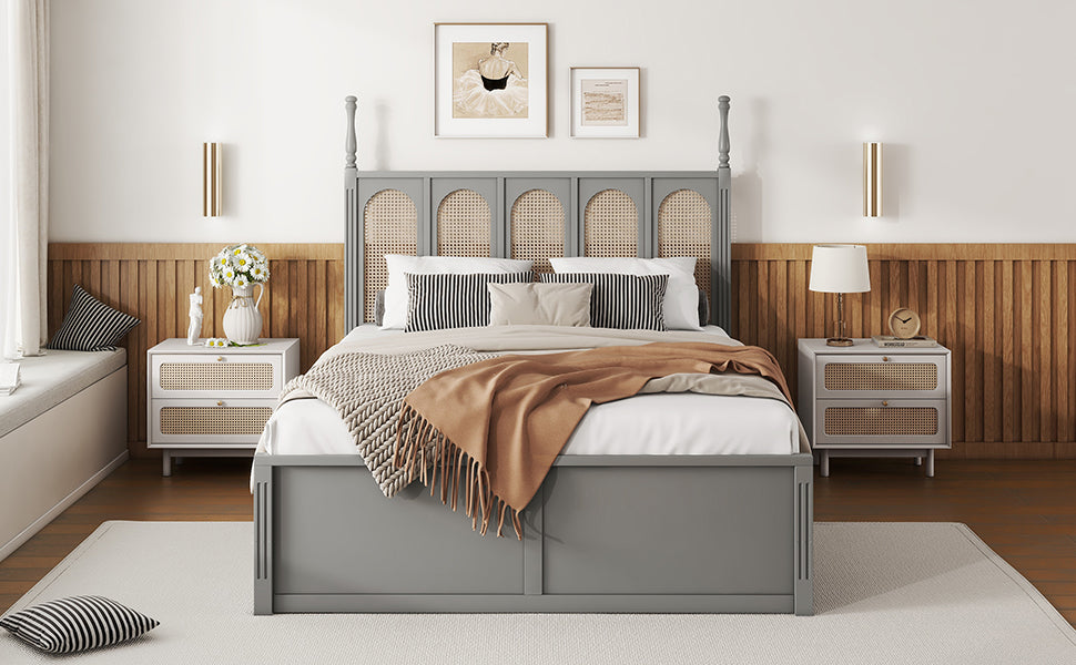 Queen Size Rattan Platform Bed With With 2 Big Drawers, T Size Trundle, Gray Queen Gray Plywood
