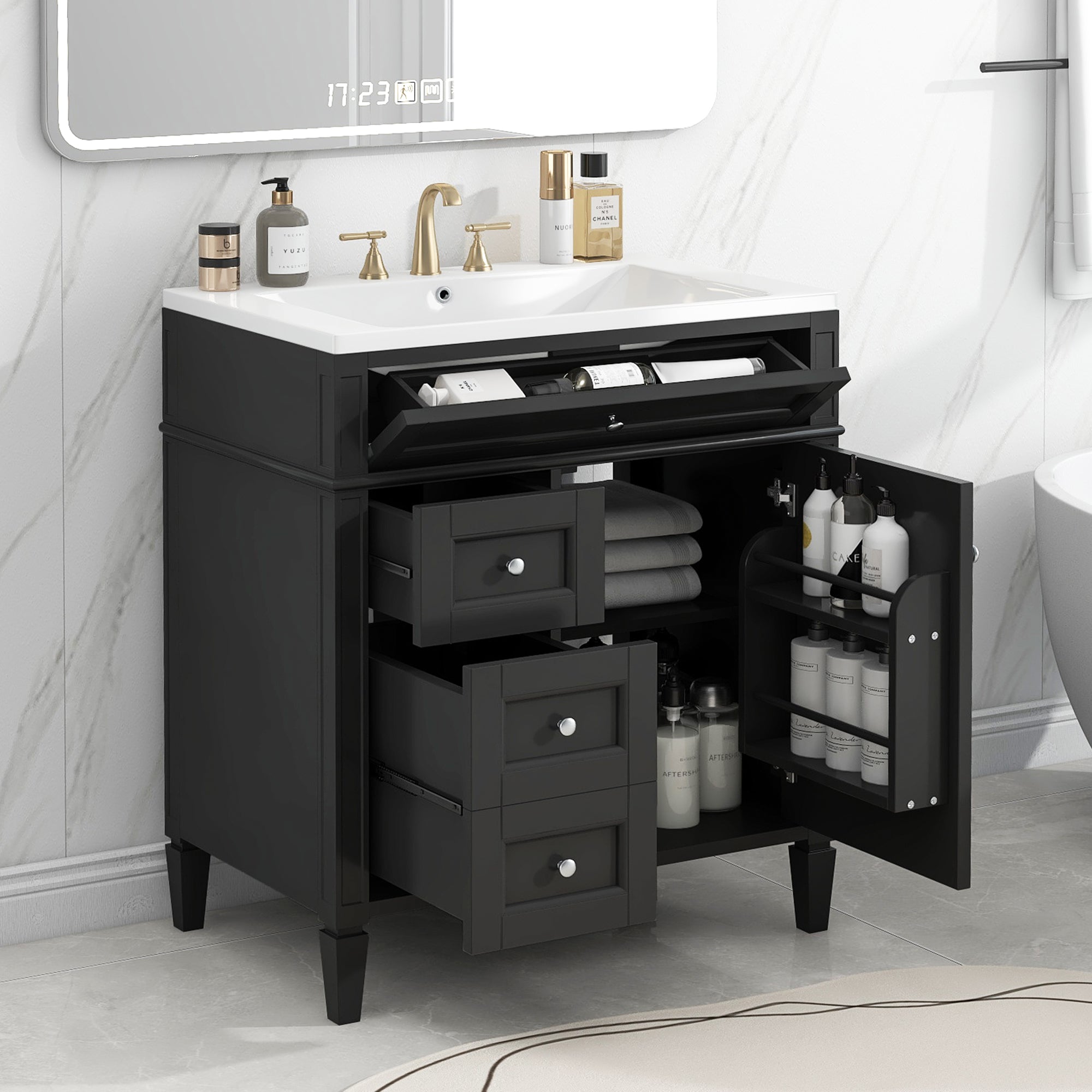 30'' Bathroom Vanity With Top Sink, Modern Bathroom Storage Cabinet With 2 Drawers And A Tip Out Drawer, Single Sink Bathroom Vanity Black Bathroom Solid Wood Mdf