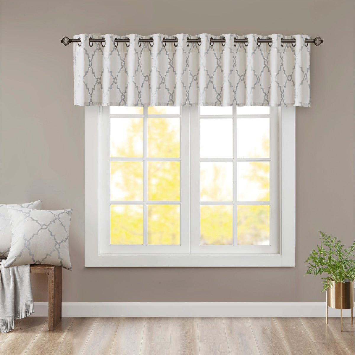 Fretwork Print Grommet Top Window Valance Ivory Grey 50X18" Ivory Grey Polyester