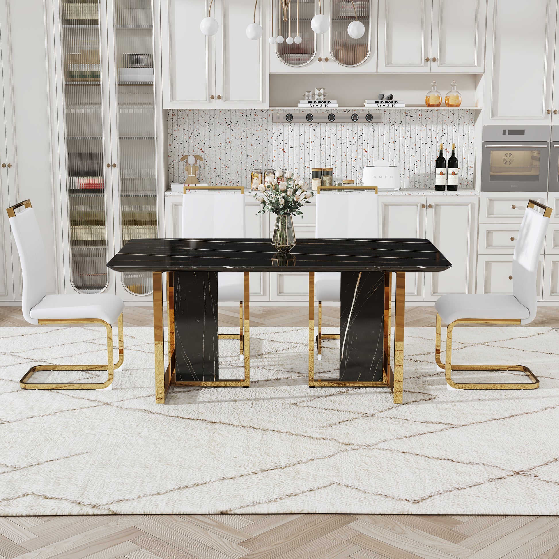 Table And Chair Set. Modern Dining Table With Mdf Top And Beautiful Mdf Legs. Equipped With Comfortable Pu Chairs And Metal Legs. Suitable For A Wide Range Of Decorative Styles. Black,White Seats 4 Mdf