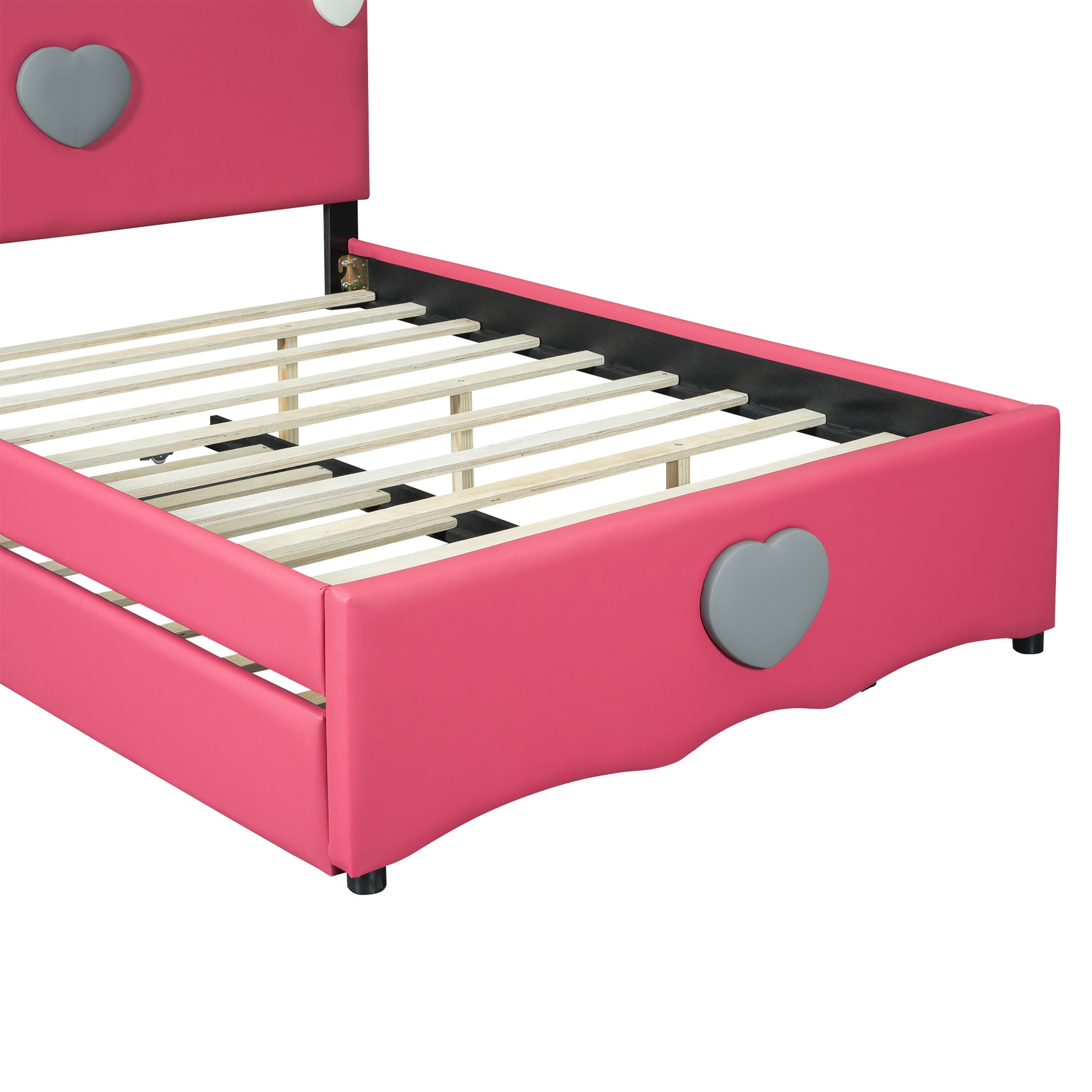 Full Size Upholstered Platform Bed With Trundle And Heart Shaped Decoration, Dark Pink Box Spring Not Required Full Dark Pink Wood Bedroom Bed Frame Faux Leather Upholstered