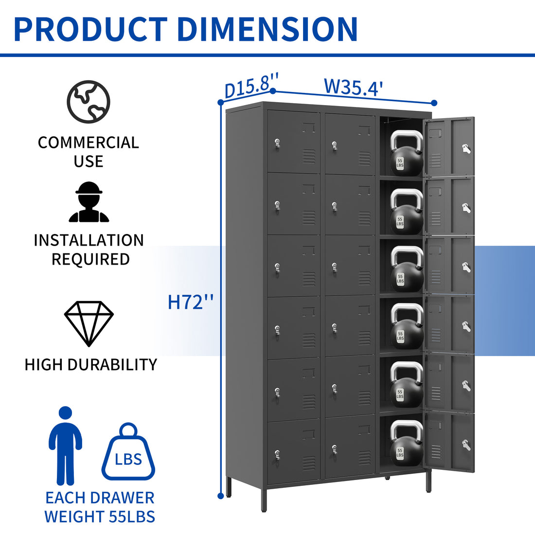 18 Door 72"H Metal Lockers With Lock For Employees,Storage Locker Cabinet For Home Gym Office School Garage,Easy Assembly,Black Freestanding 5 Or More Spaces Black Primary Living Space Door Locks