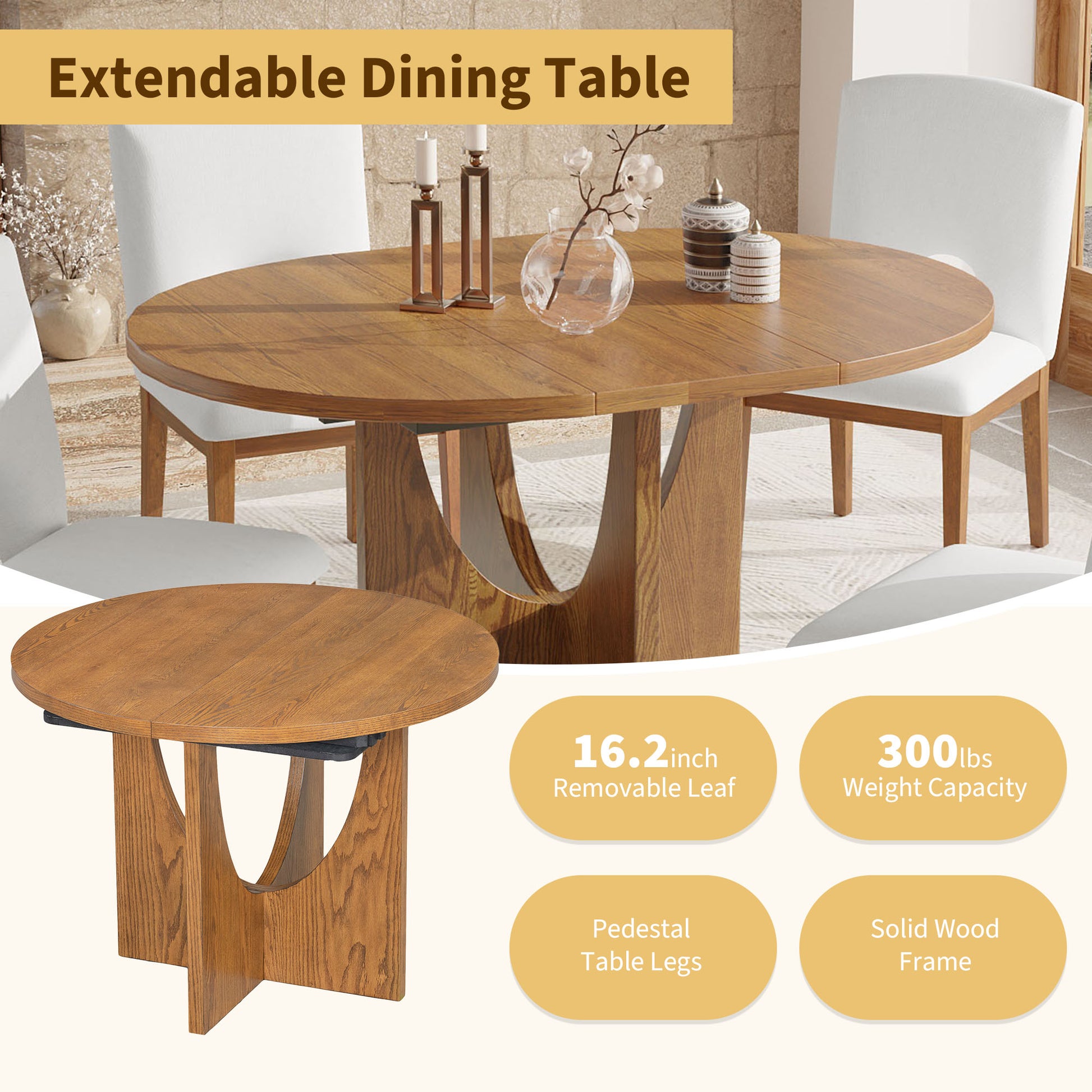 Modern 5 Piece Extendable Round Dining Table Set With 16.2Inch Removable Leaf For Small Places, Walnut Beige Wood Dining Room Solid Wood Rubberwood Round Dining Table With Chair Upholstered Chair Wood Walnut Seats 4 Removable Leaf Contemporary Round