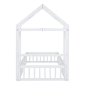 Wooden Floor Bed With Fence Railings And Detachable House Shape Headboard, Twin Size Bed With Kids Dress Up Rack, Kids Montessori Style Playhouse Frame For Girls Boys, White Twin White Wood
