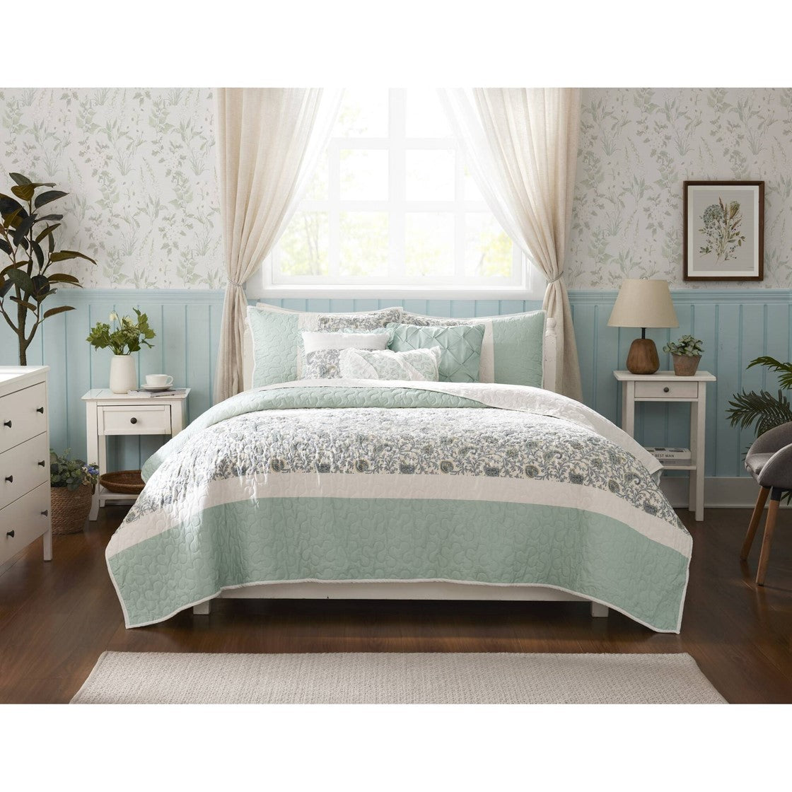 6 Piece Cotton Percale Quilt Set With Throw Pillows Aqua Full Queen Full Aqua Polyester