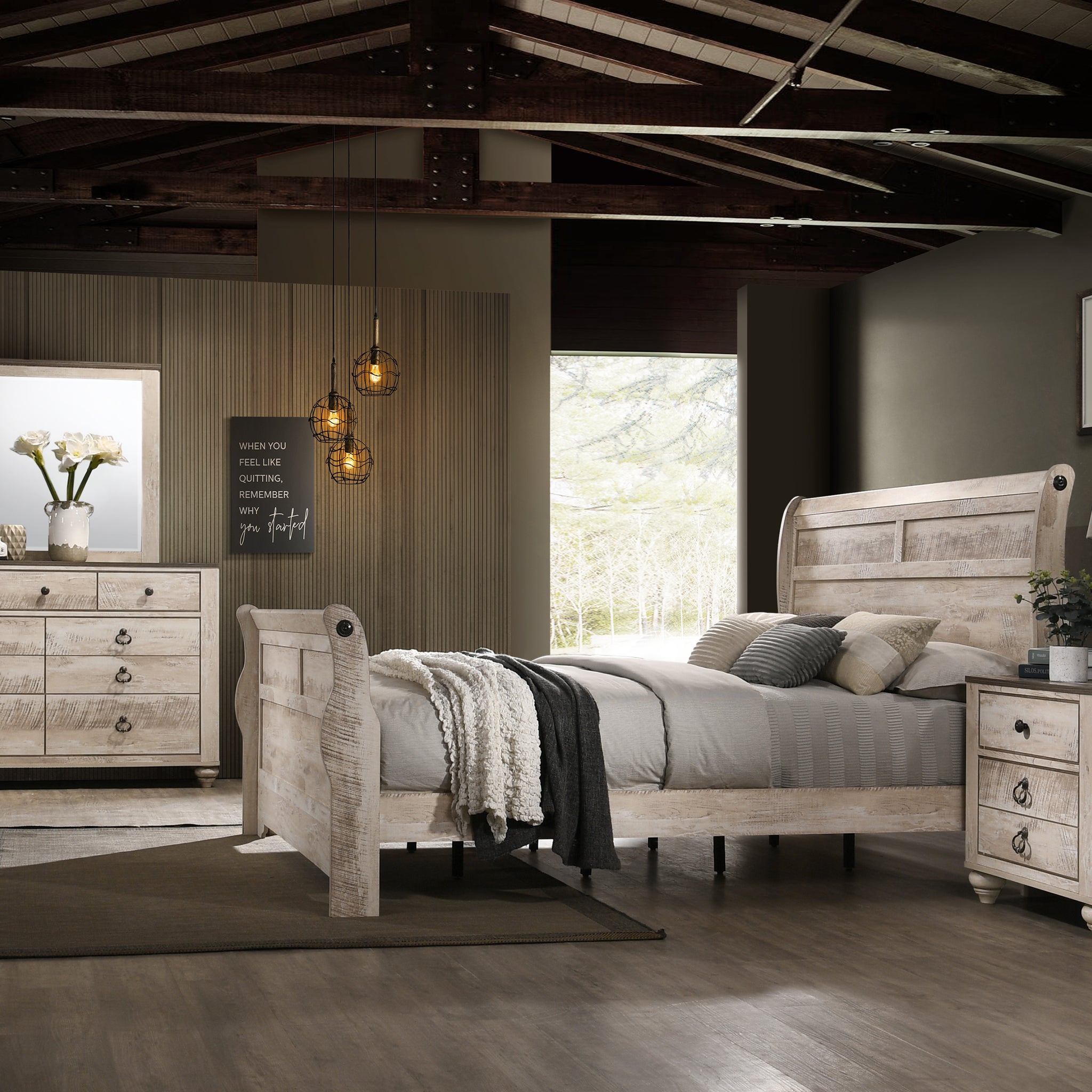 Imerland Contemporary White Wash Finish Bedroom Set With Queen Sleigh Bed, Dresser, Mirror, Nightstand Box Spring Required Queen Walnut Brown Wood Light Brown 4 Piece Set Bedroom Bed Included,Dresser Included,Mirror Included,Nightstand Included