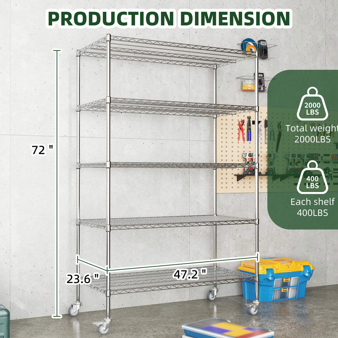 72" H Metal Large Storage Shelves With Wheels, Metal Shelving With Chrome, Adjustable 5 Tier Sturdy Metal Shelves For Storage Shelving,Kitchen,Garage 5 Silver Primary Living Space Metal Modern