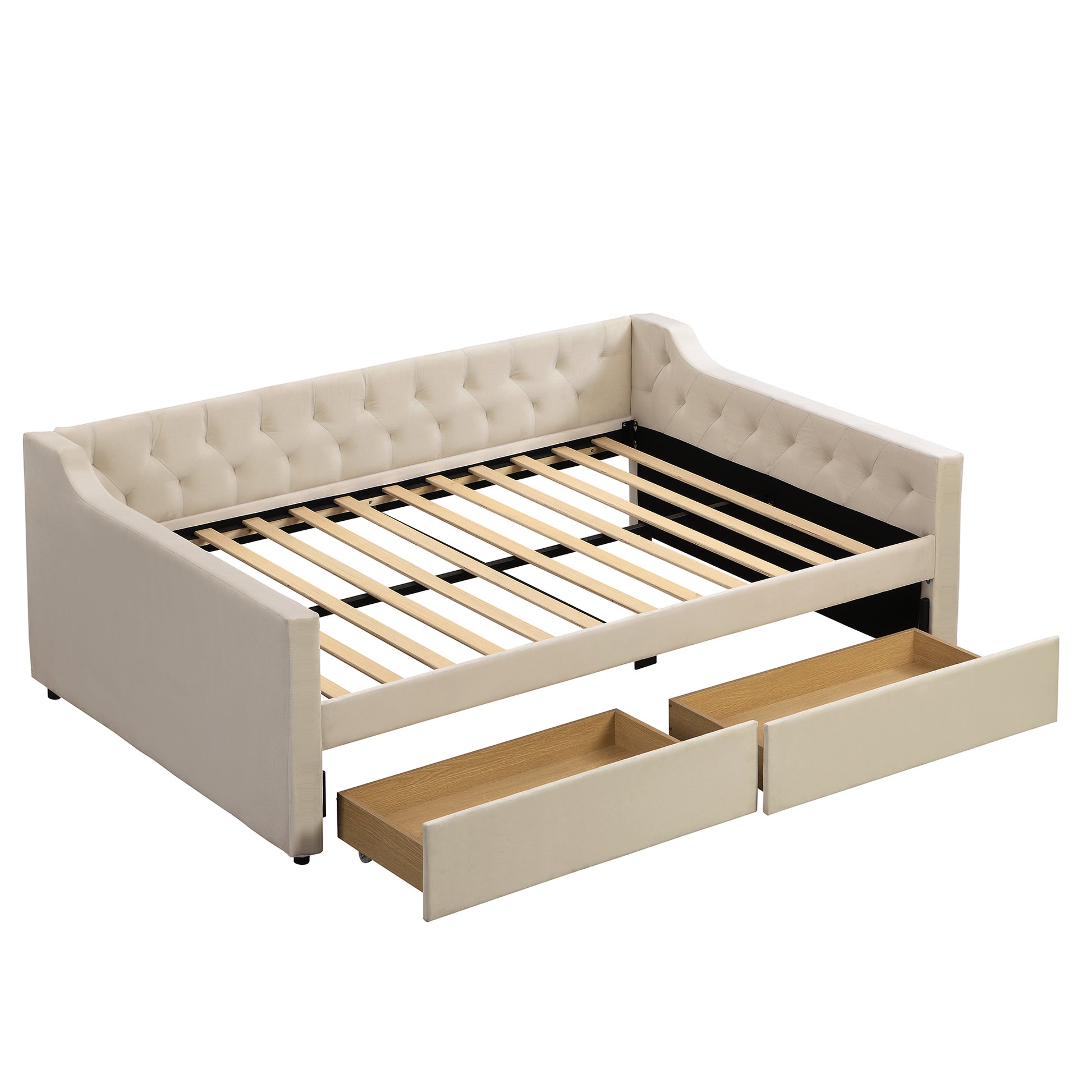 Full Size Upholstered Tufted Daybed With 2 Drawers, Beige Box Spring Not Required Full Beige Wood Daybeds Velvet Upholstered