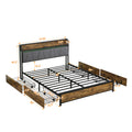 King Size Bed Frame, Storage Headboard With Charging Station And 4 Storage Drawers,Led Lightsbrown And And Gray Black Brown Grey Mdf Metal