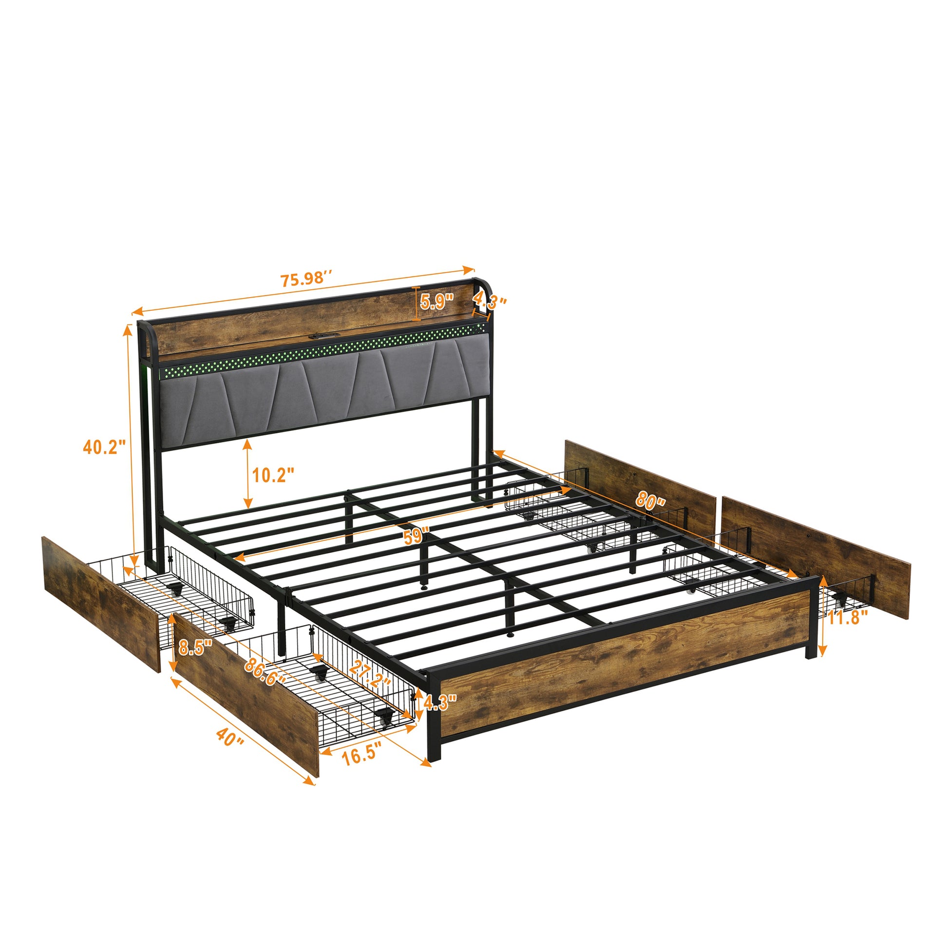 King Size Bed Frame, Storage Headboard With Charging Station And 4 Storage Drawers,Led Lightsbrown And And Gray Black Brown Grey Mdf Metal