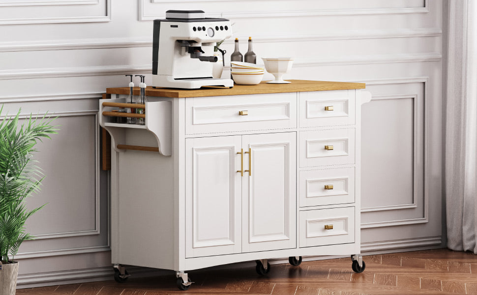 K&K 52'' Kitchen Island With Drop Leaf, Embossed Texture Kitchen Island On Wheels With Spice Rack, Towel Rack, 2 Doors And 5 Drawers, Kitchen Storage Cart With Adjustable Shelf For Kitchen, White