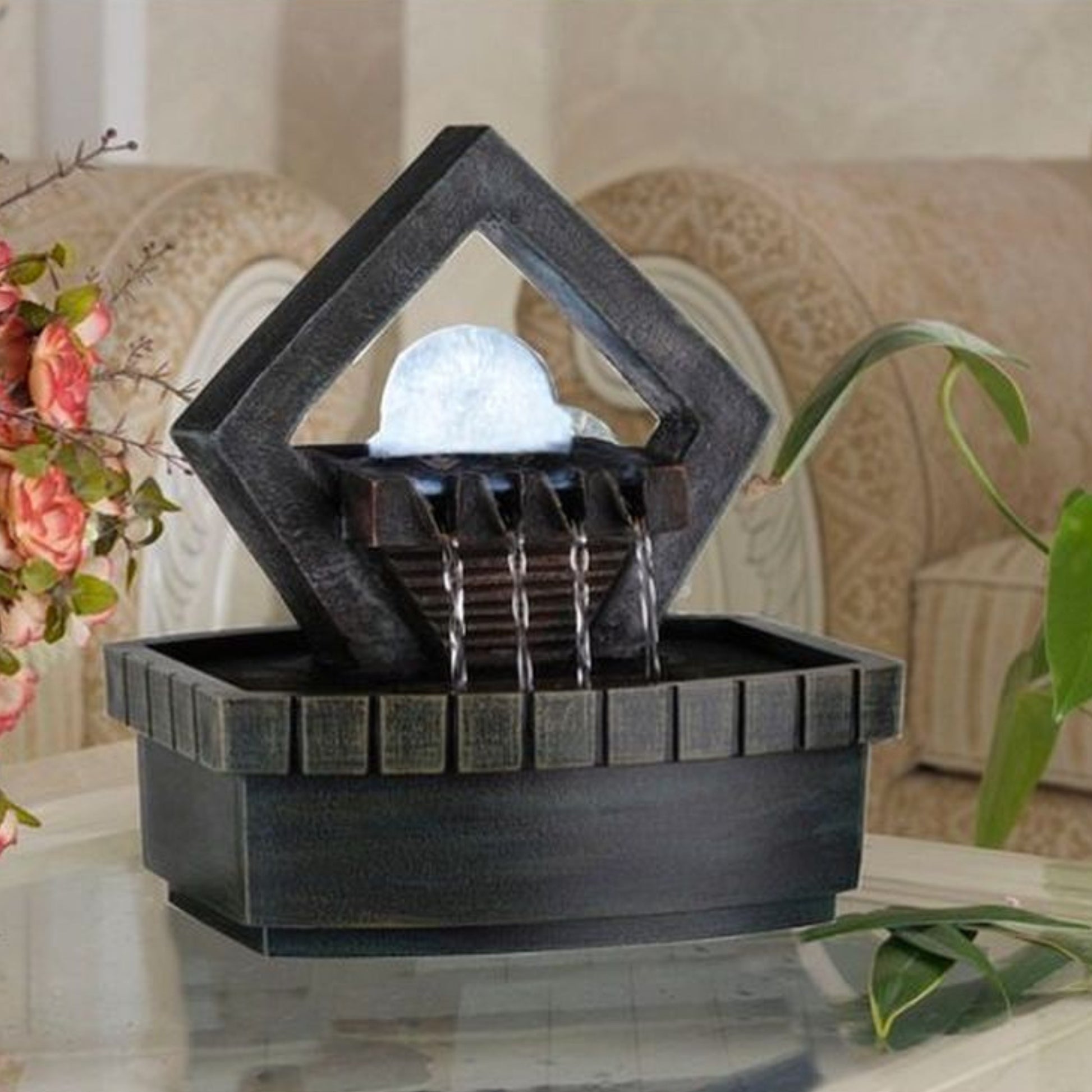 9.5" Tall Indoor Meditation Fountain With Led Light, Well Design Brown Polyresin