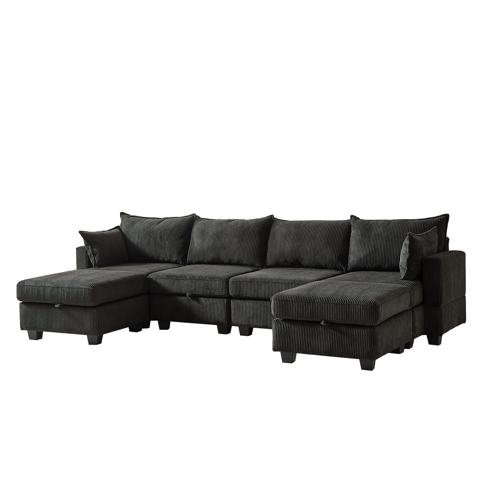 113.5'' Modular Sectiona Corduroy Sofa, Sectional Couches For Living Room U Shaped Sectional Couch With Storage Ottoman, 6 Seats Convertible Sectionals With Chaise Black Corduroy 6 Seat