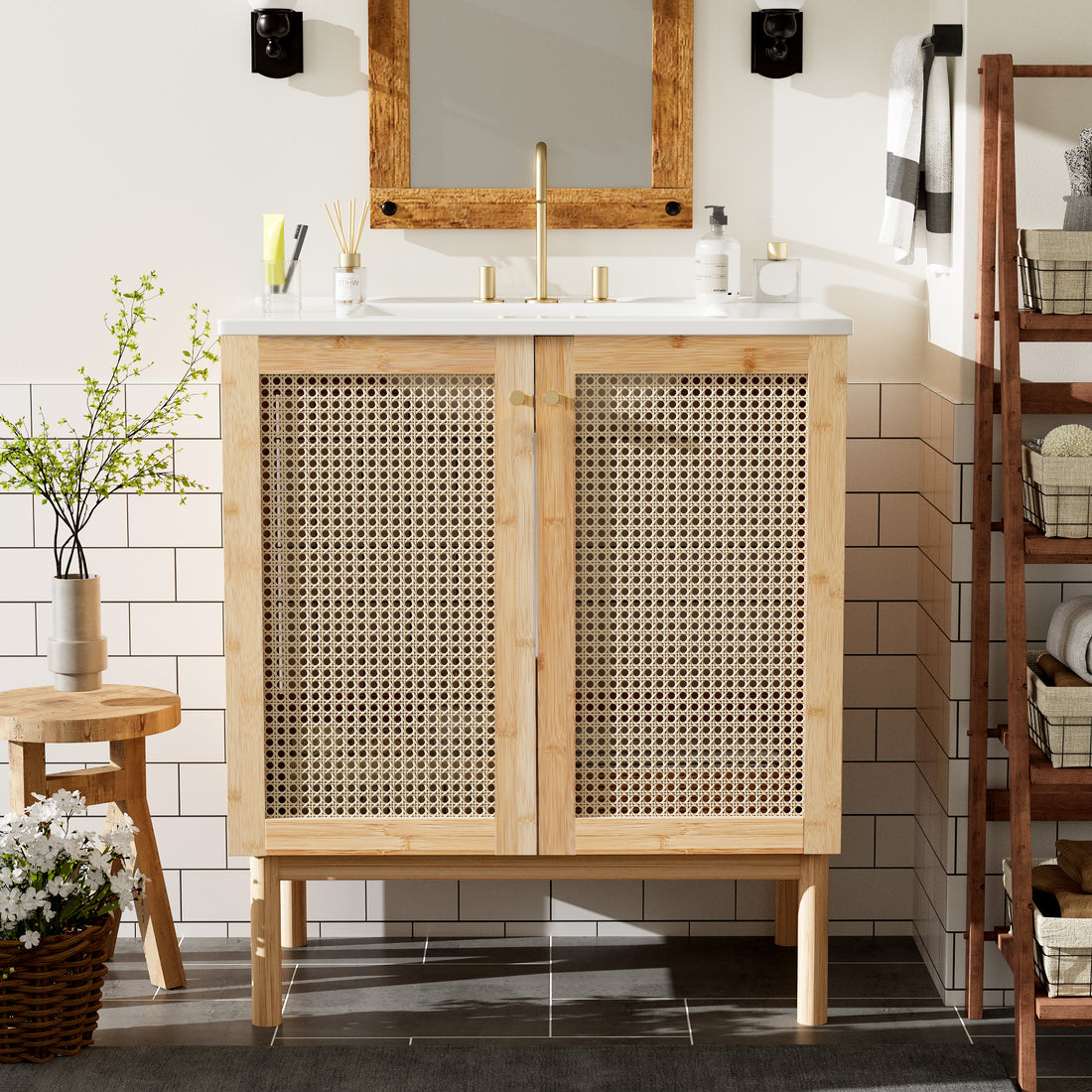 30 Inch Bathroom Vanity Crafted From Natural Materials, Featuring Handmade Rattan Doors And Soft Closing Mechanisms Wood Wood Rattan
