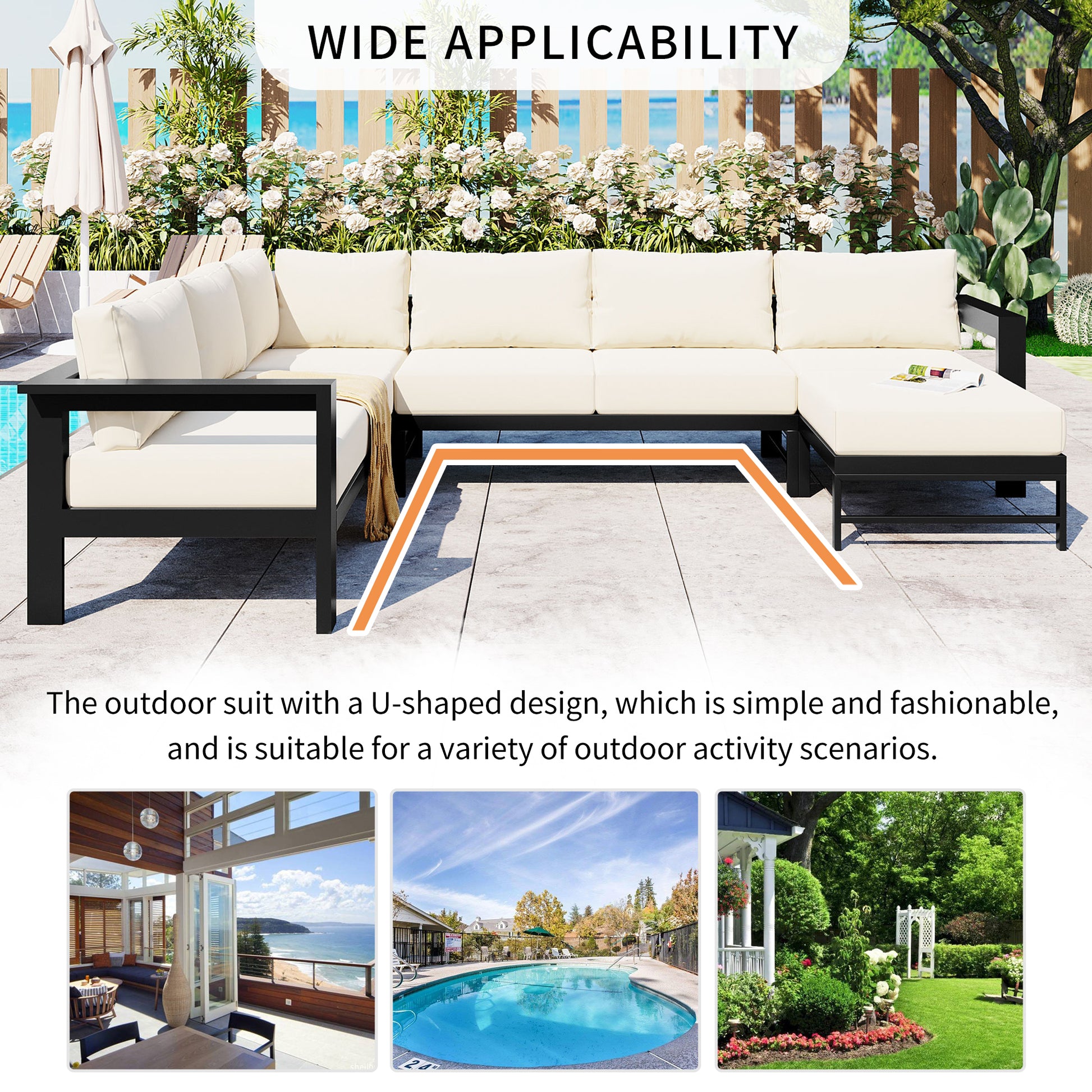 U Shaped Multi Person Outdoor Sofa Set, Suitable For Gardens, Backyards, And Balconies. White Seats 6 Aluminum