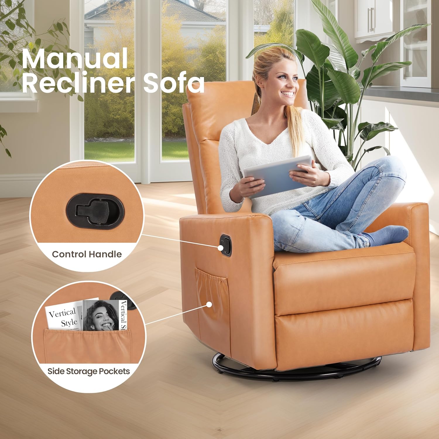 Swivel Recliner Chair, Rocker Glider Chair For Living Room, Office Faux Leather Recliner Chair, Nursery Glider With Large Footrest, Upholstered Deep Seat Single Sofa Chair, High Back, Brown Brown