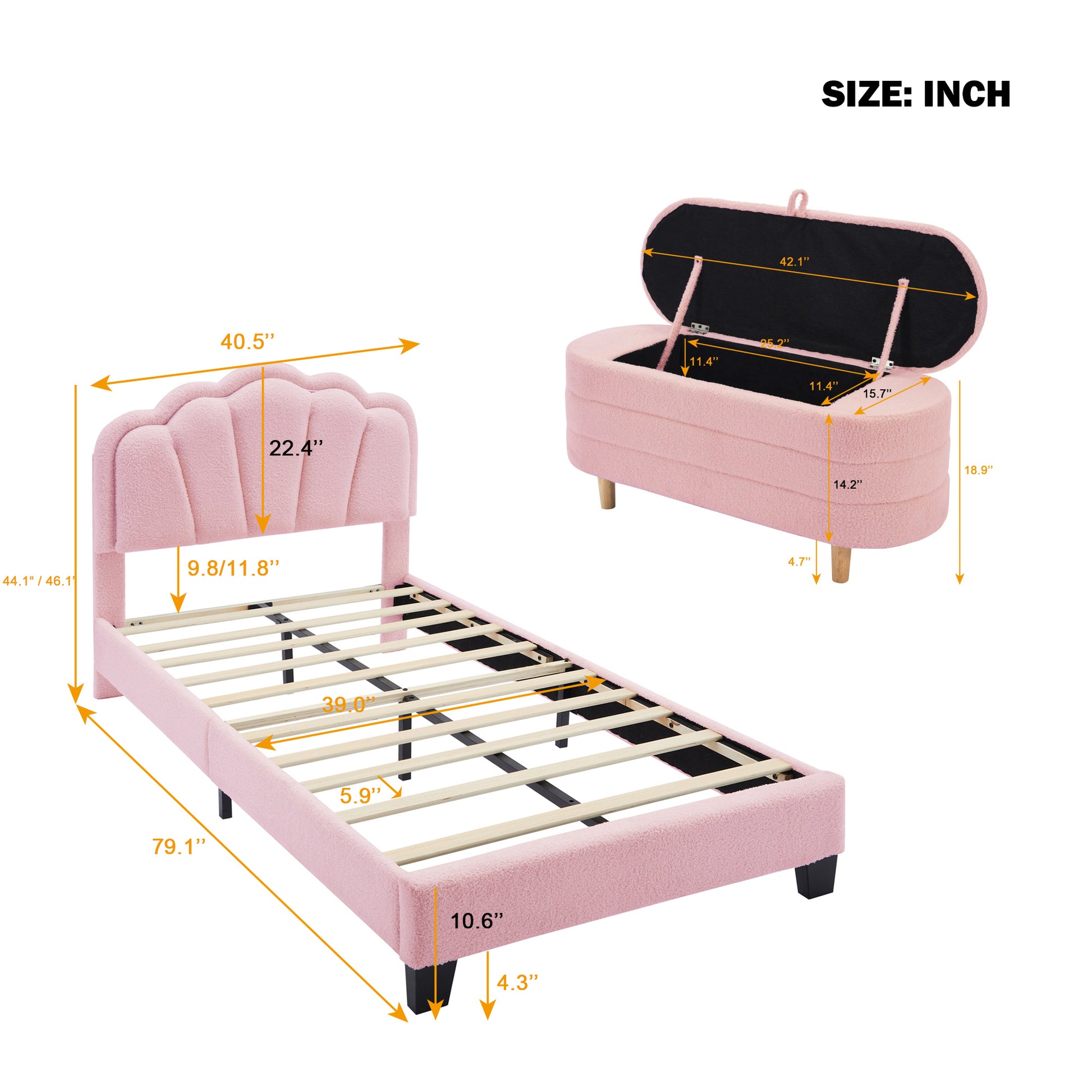 2 Pieces Bedroom Sets Twin Size Flower Shaped Upholstered Led Platform Bed With Storage Ottoman Sherpa Fabric, Pink Twin Pink 2 Piece Set Wood