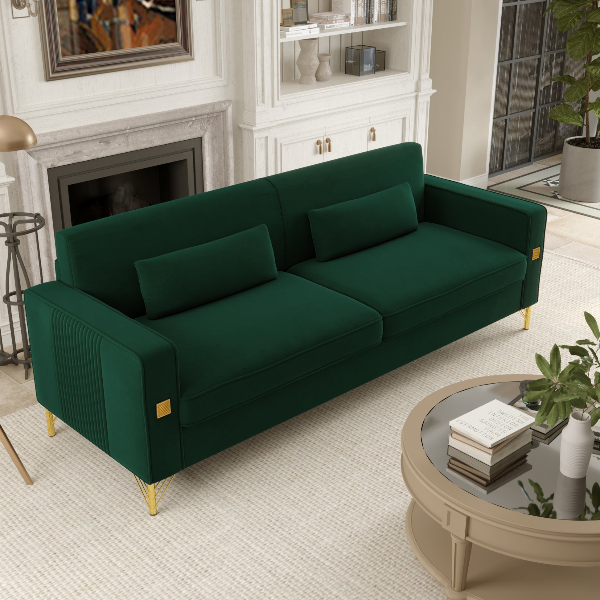 Fx P18 Rg2 Sofa Luxury Emerald Green Velvet Sofa With Gold Accents Modern 3 Seat Couch With Plush Cushions, Perfect For Living Room And Office Decor Retro Green Velvet 2 Seat