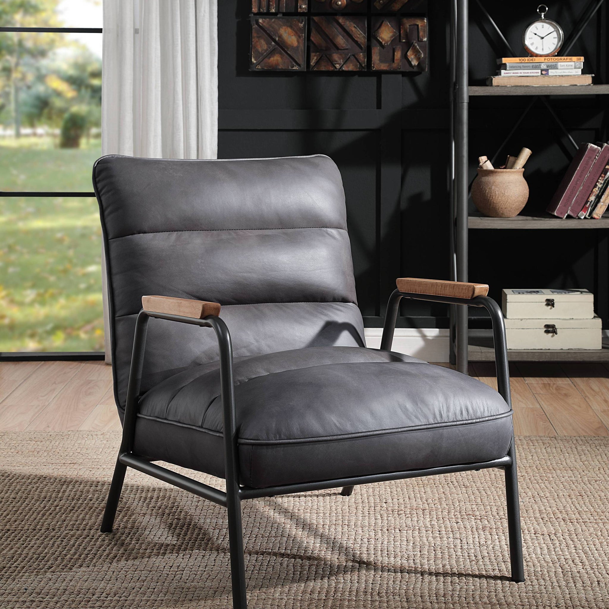 Grey And Matt Iron Accent Chair With Metal Leg Grey Primary Living Space Genuine Leather
