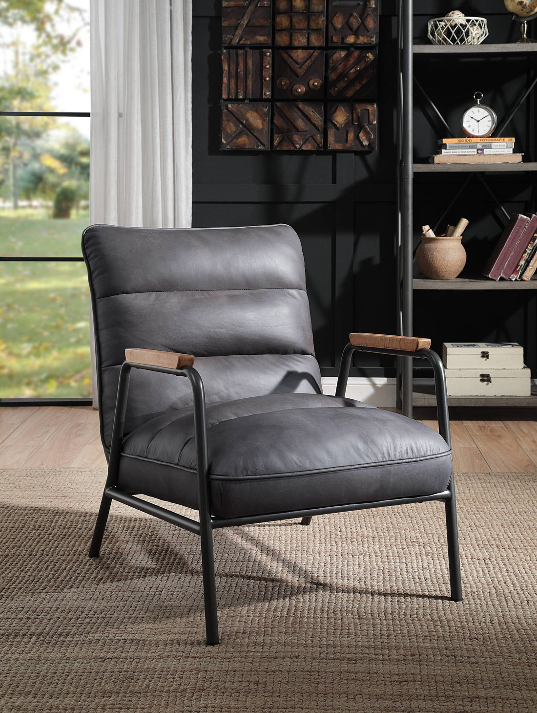 Grey And Matt Iron Accent Chair With Metal Leg Grey Primary Living Space Genuine Leather