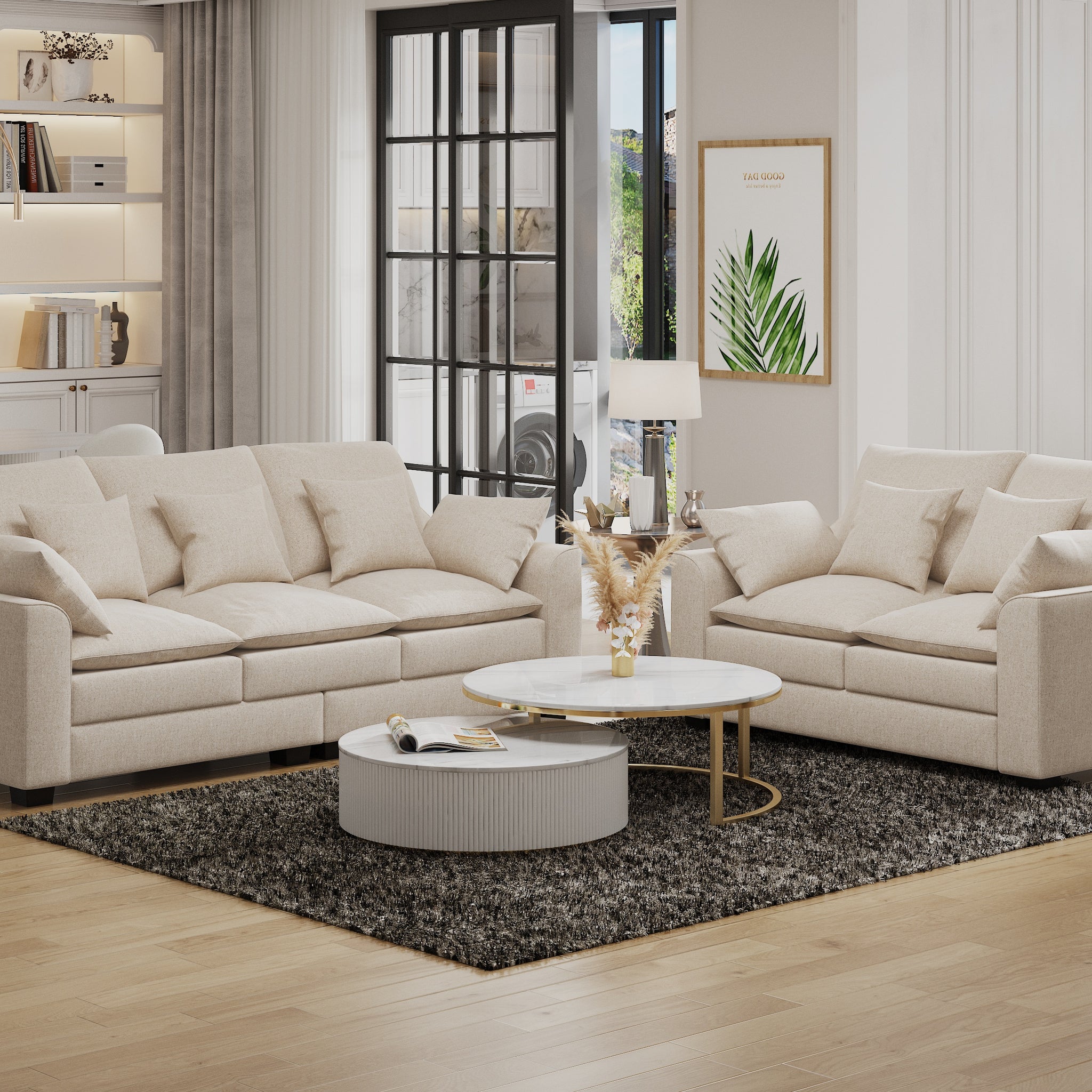 2 Pieces Sofa Couch 3 Seater And Loveseat With Pillows Polyester Upholstered Duck Down Filled Cushion Sofa Set For Living Room Apartment,Beige Beige Polyester Wood Primary Living Space Soft Cushion Back Foam Polyester 5 Seat