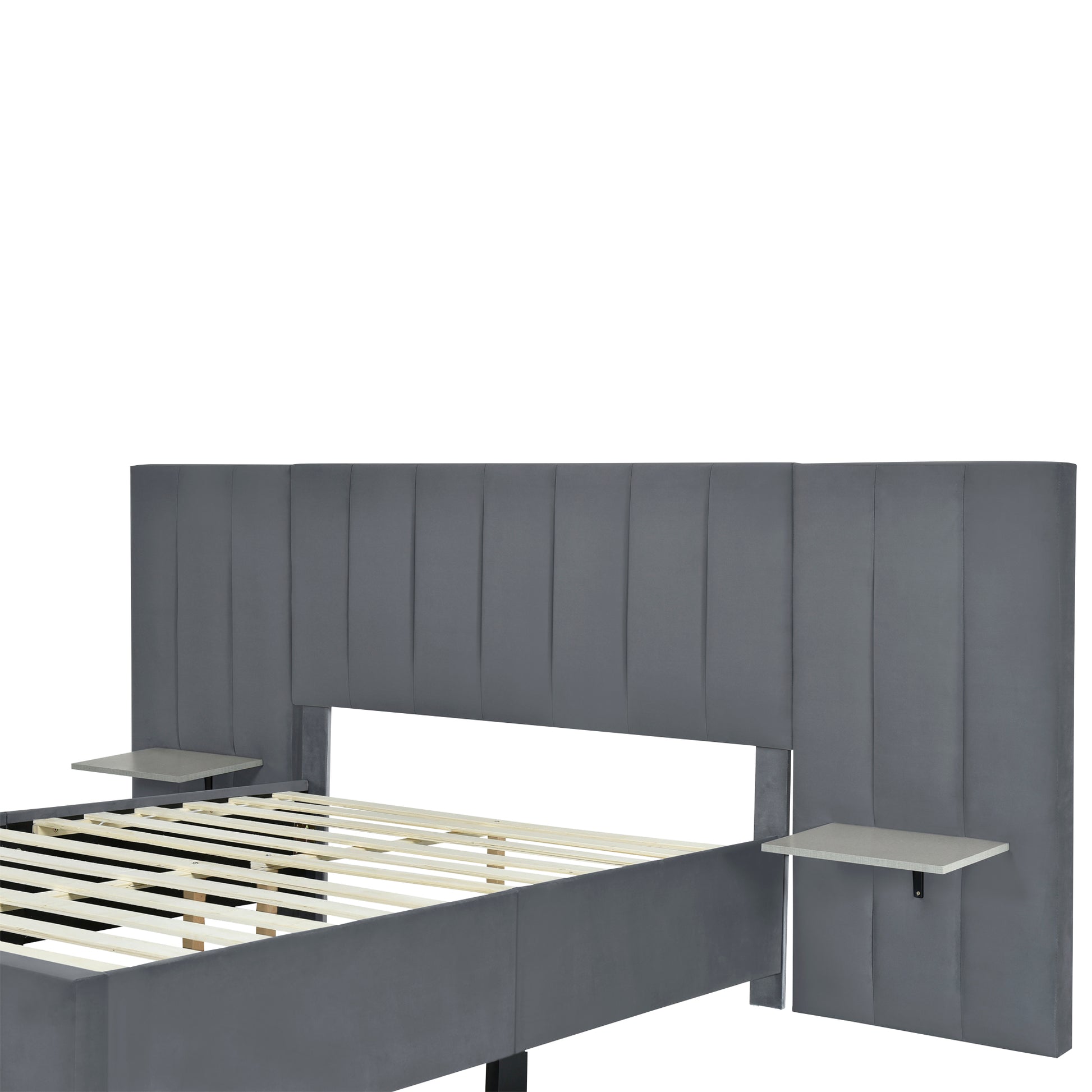 Full Size Upholstered Platform Bed With Big Headboard, Bedroom Furniture, Velvet, Gray Full Gray Plywood