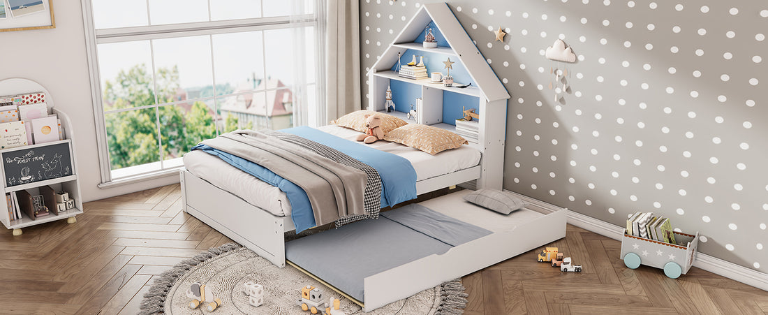 Full Size House Shaped Bed With Bookcase Headboard And Led Light And Twin Size Trundle For Kids Boys Girls, Blue White Box Spring Not Required Full White Blue Wood Bedroom Cute Bed Frame Wood