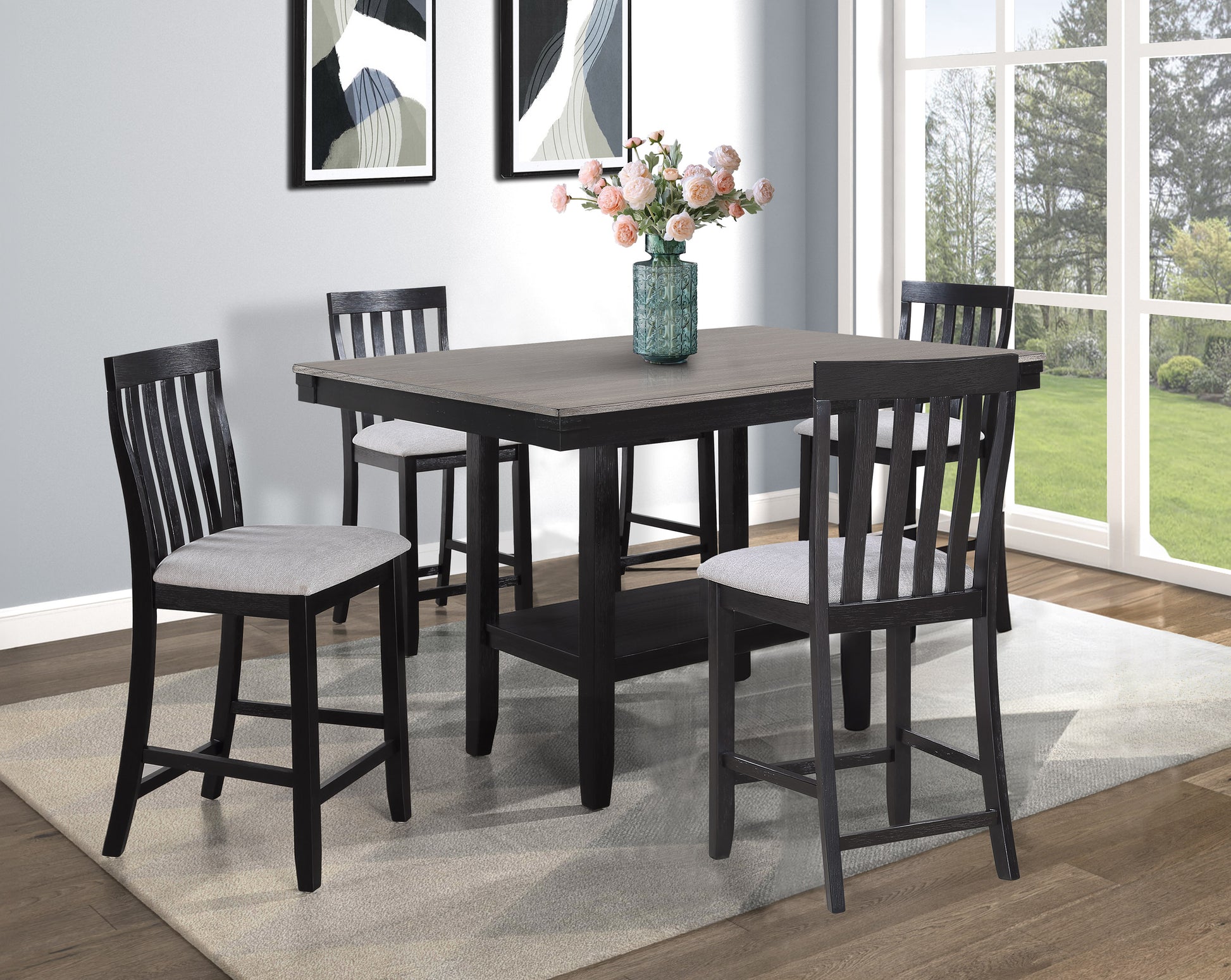 2Pc Black Light Gray Counter Height Chair Slat Back Wooden Dining Room Furniture Gray Dining Room Contemporary,Modern Bar Stools Slat Back Set Of 2 Wood
