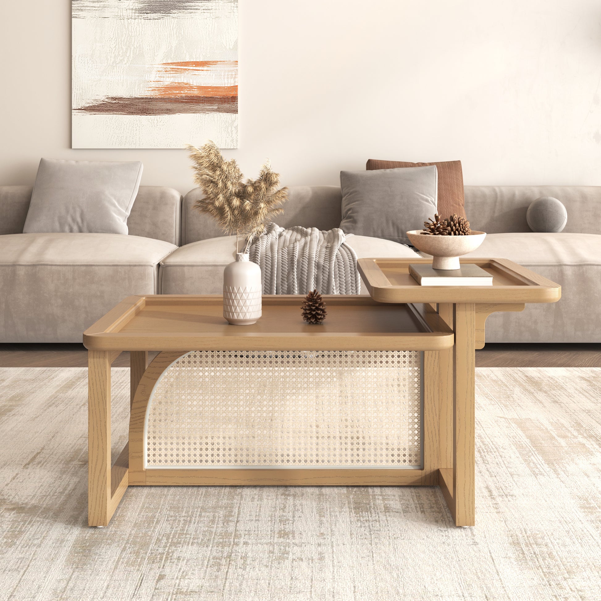 Modern 2 Piece Nesting Rattan Wood Mdf Coffee Table Set In Natural Natural Rubber Wood