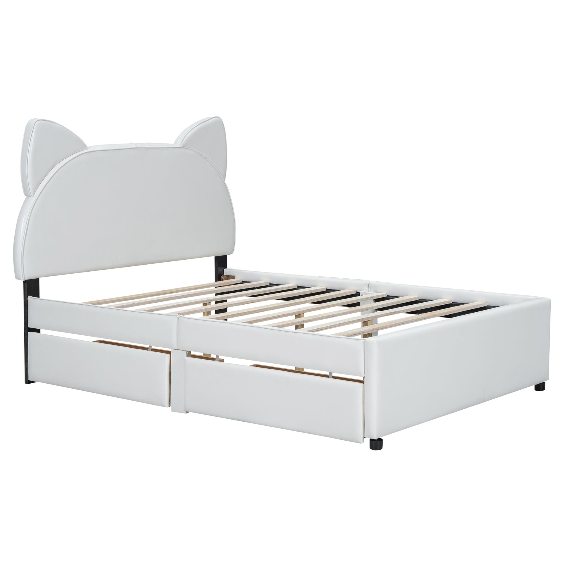 Full Size Upholstered Platform Bed With Cartoon Ears Shaped Headboard And 2 Drawers, White Box Spring Not Required Full White Wood Bedroom Bed Frame Faux Leather Upholstered