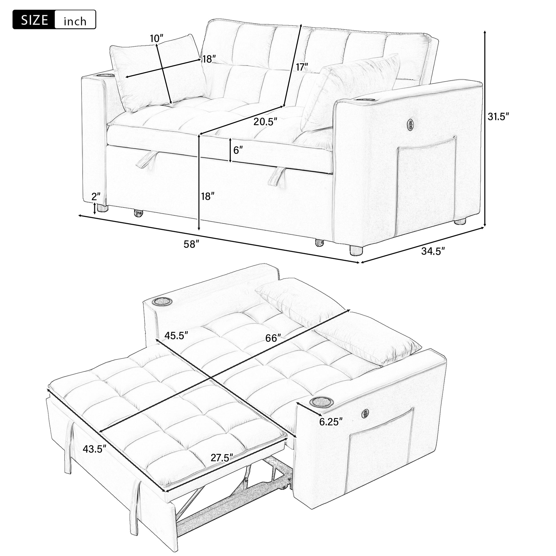58" 4 1 Multi Functional Sofa Bed With Cup Holder And Usb Port For Living Room Or Apartments, Gray Gray Foam 2 Seat
