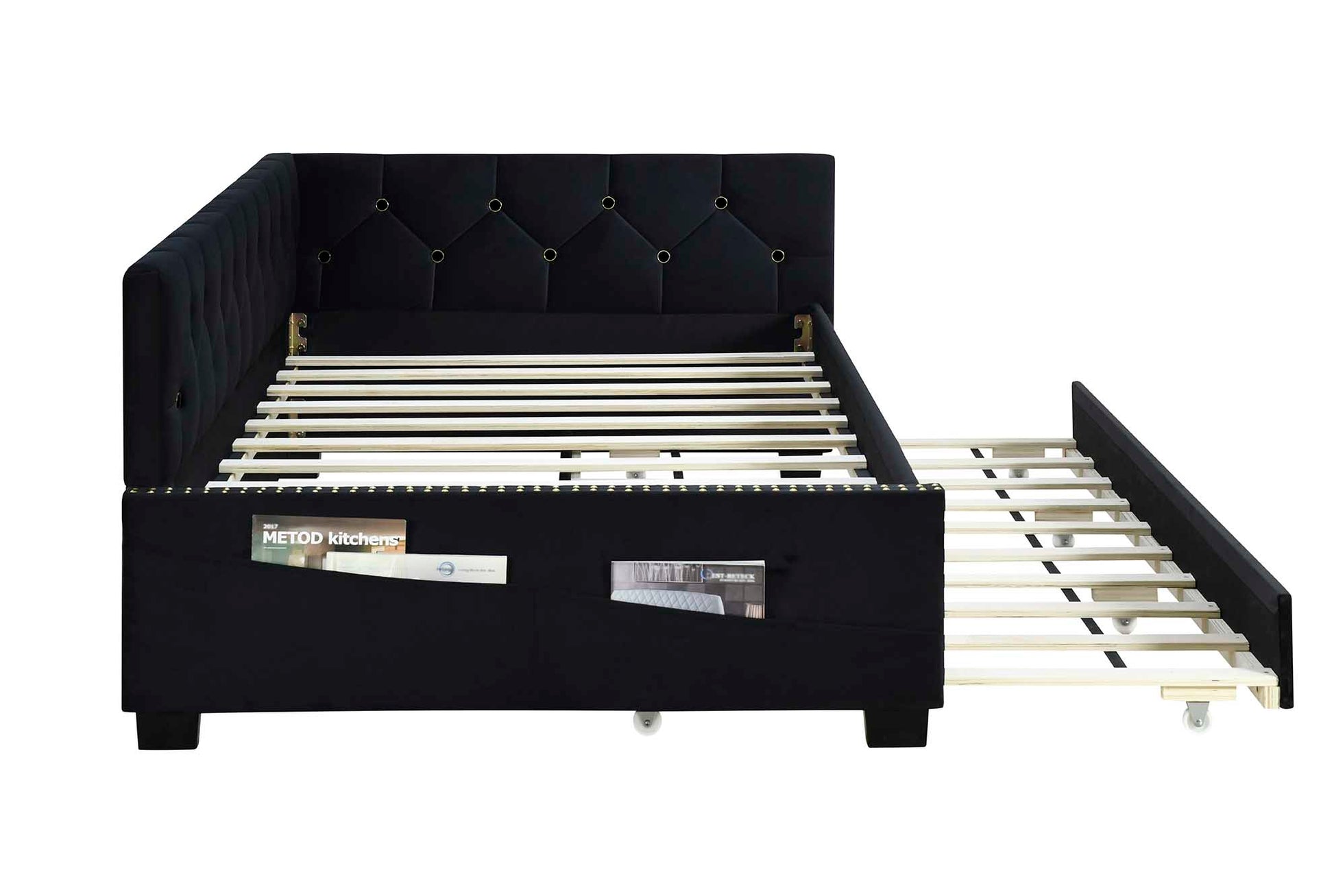Black Upholstered Twin Size Daybed Bed Frame Corner Bed With Trundle, Velvet Fabric, Studding Design, No Box Spring Required, Fits Any Style Box Spring Not Required Twin Black Wood Espresso Bedroom Artsy,Retro,Vintage Rubberwood Fiber Foam And Polyester