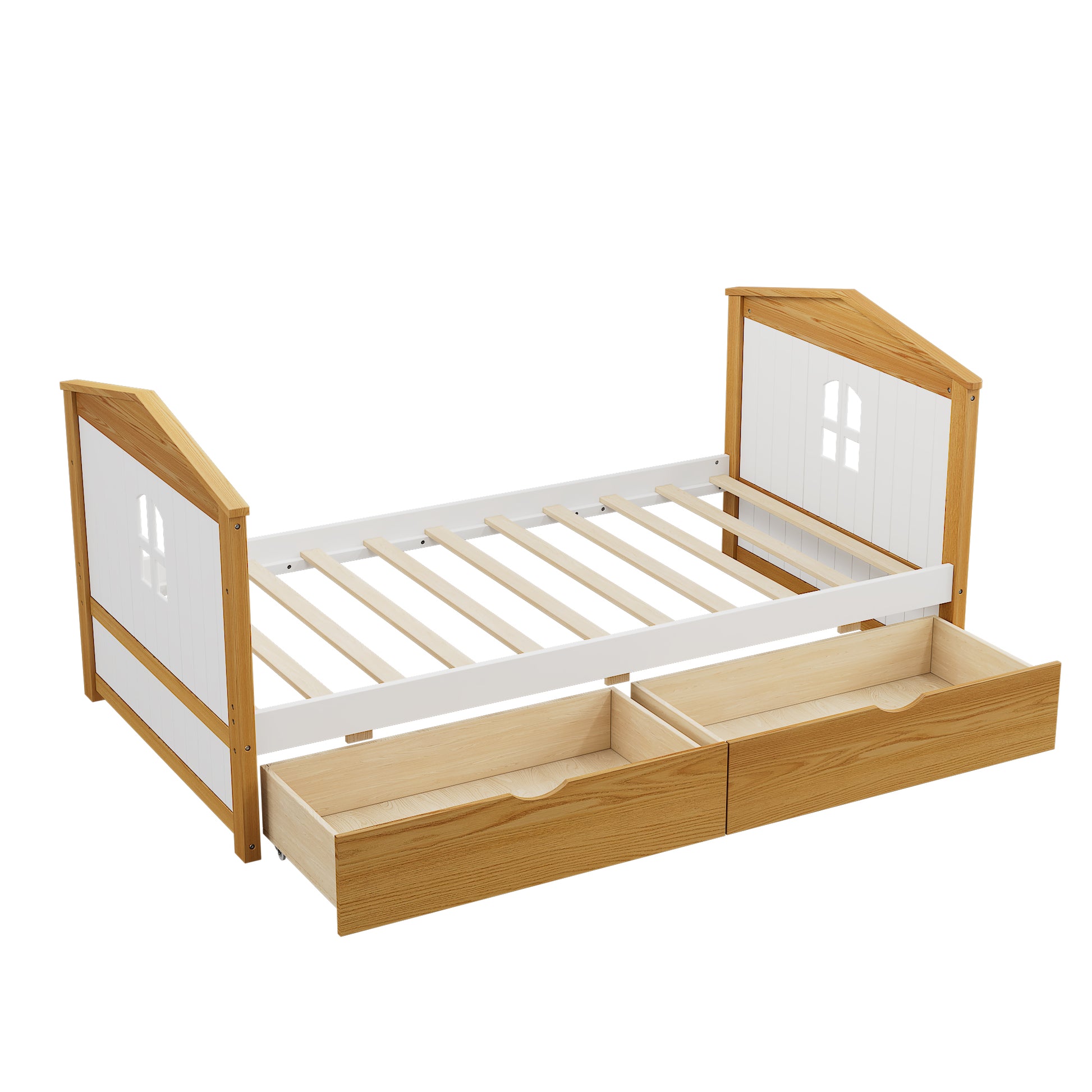 Twin Size House Shape Bed With Two Drawers Wooden Bed For Girls Boys Teens, No Box Spring Needed, Walnut And White Box Spring Not Required Twin White Walnut Wood Bedroom Cute Pine Bed Frame Wood
