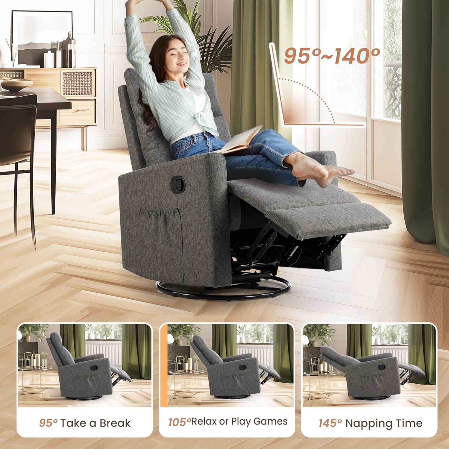 Rocking Recliner Chair With Large Footrest, Stain Resistant Faux Leather Recliner Rocker, Single Sofa Recliner For Living Room, Office, High Back, Upholstered Deep Seat, Grey Grey Metal