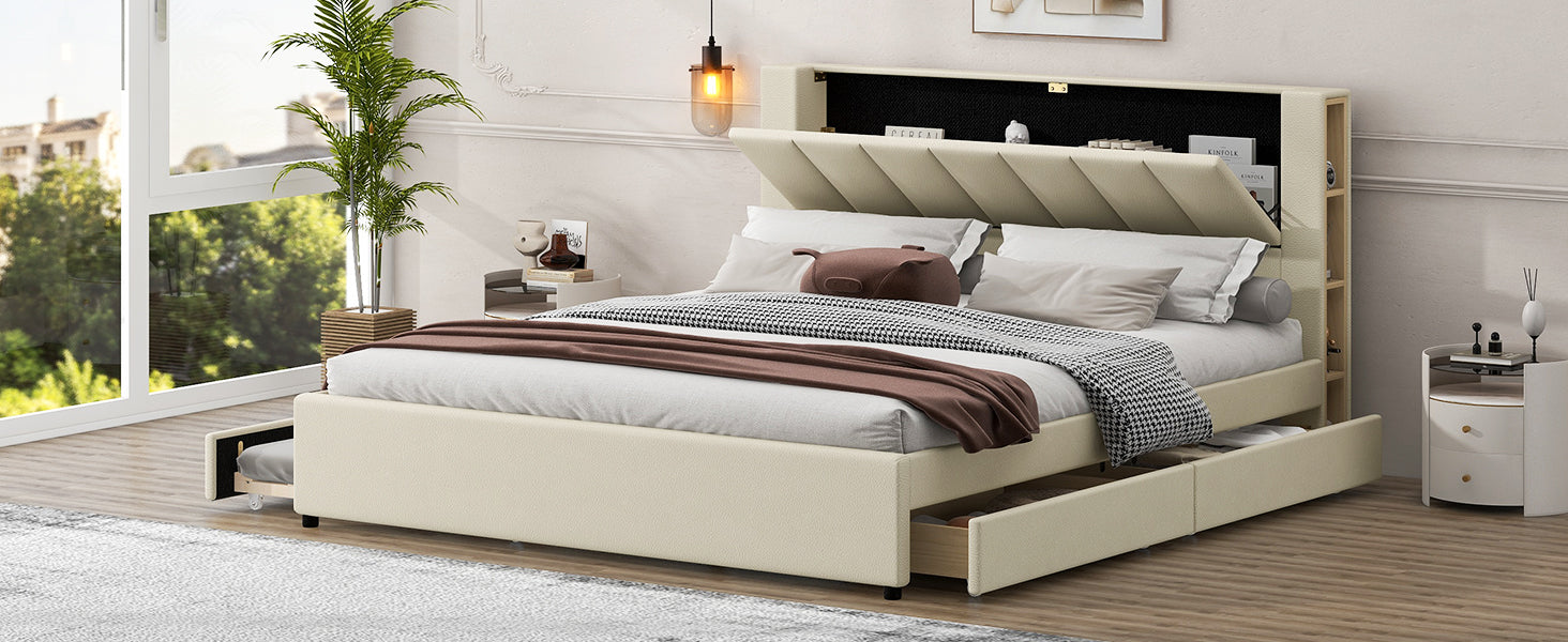 King Size Upholstery Platform Bed With Storage Headboard, 2 Drawers And Trundle,Beige King Beige Upholstered