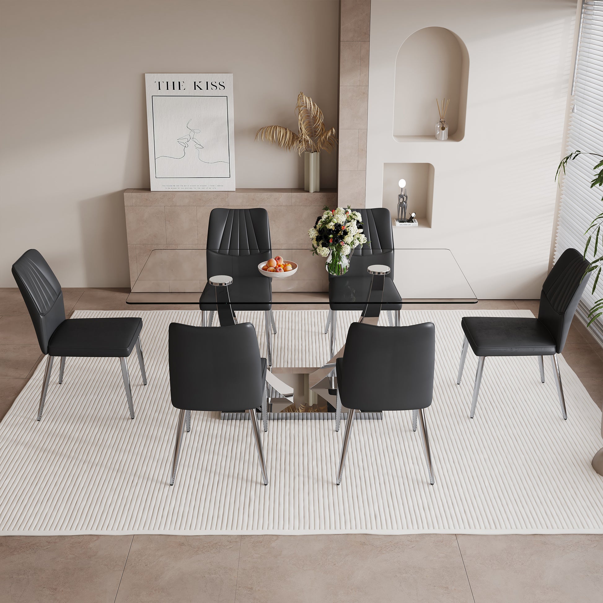 Table And Chair Set.Contemporary, Minimalist Rectangular Dining Table Featuring A Clear Tempered Glass Top And Sleek Silver Legs. Paried With Chairs Made Of Pu Material Cushion And Silver Metal Legs. Black Seats 6 Glass Metal