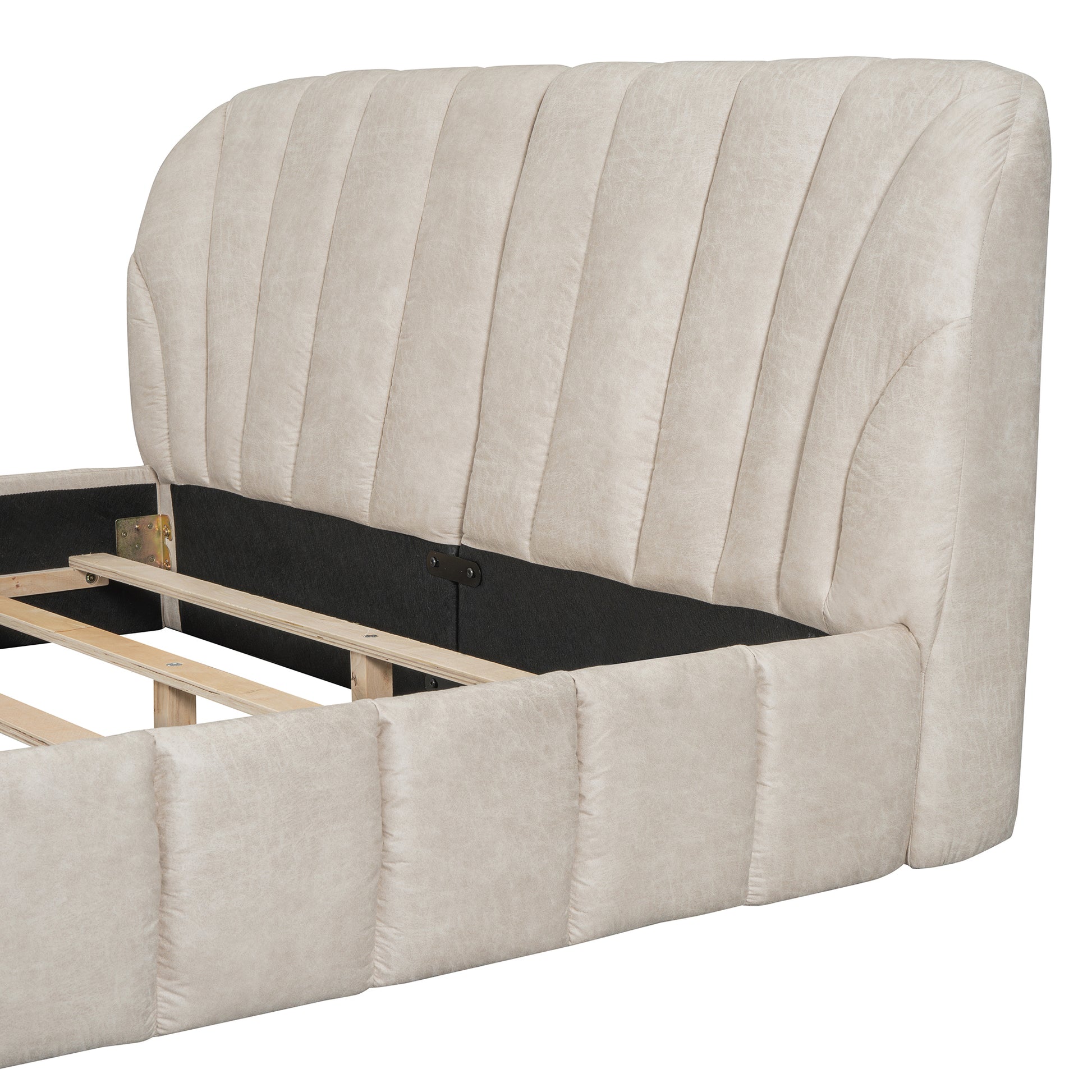Queen Size Upholstered Platform Bed With Thick Fabric, Polyester, Beige Queen Beige Polyester