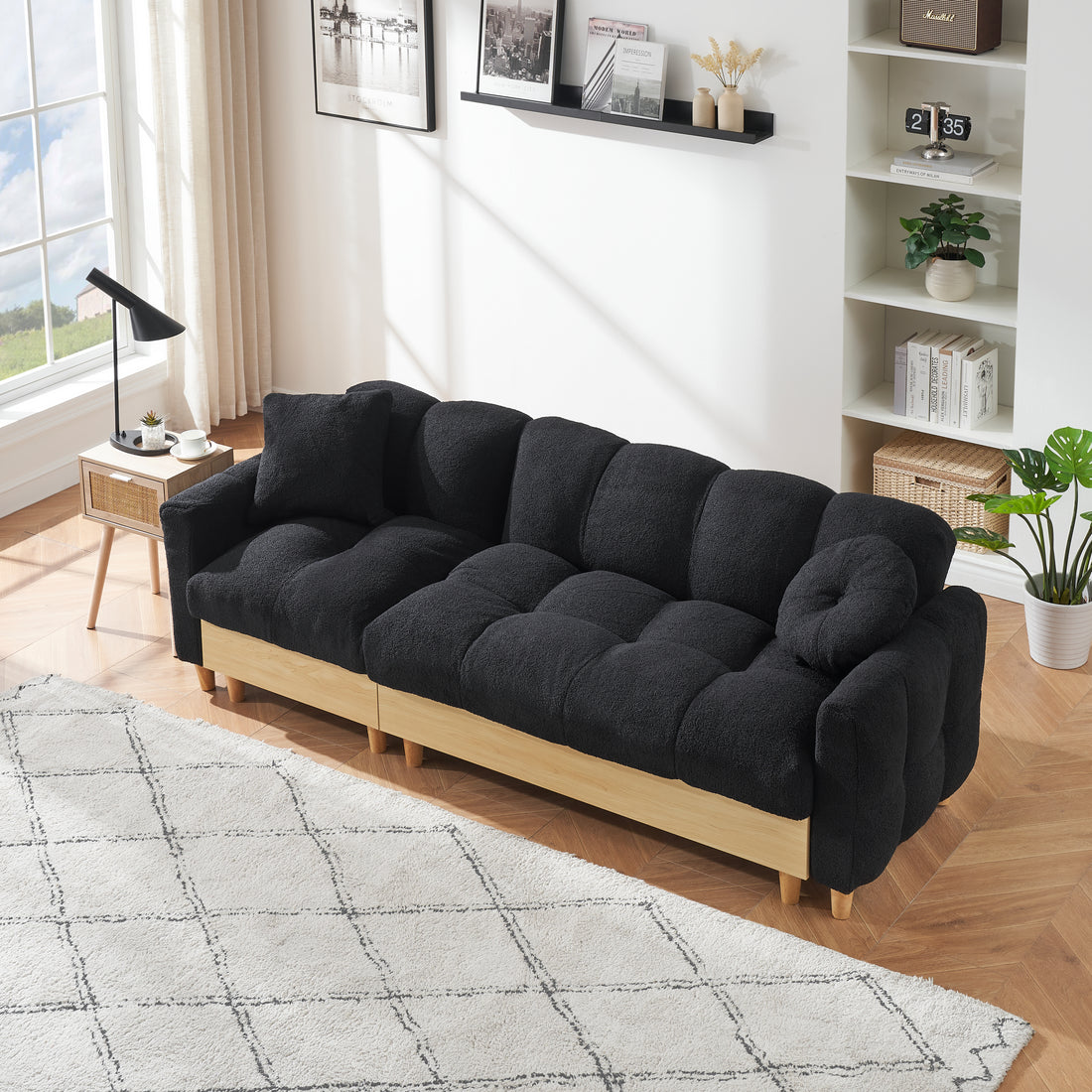 Black Technology Cloth Three Seat Sofa Lift Sofa Bed With Locker Sofa Sofa Bed Small Sofa Small Family Sofa Bed Black Teddy 3 Seat
