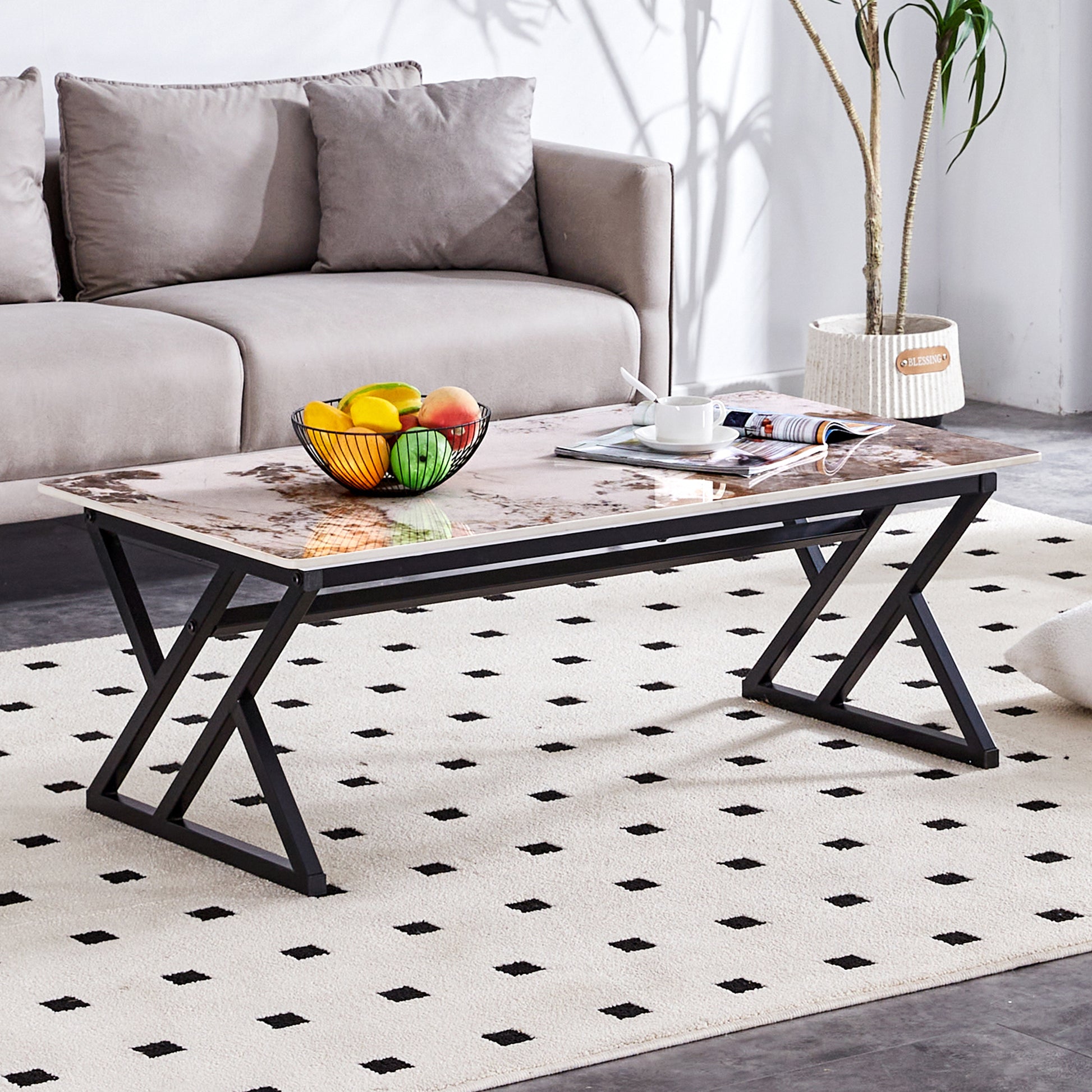 A Modern Minimalist Style Marble Patterned Coffee Table With Black Metal Legs. Computer Desk. Game Table. Tea Table. Ct Xx White Black Sintered Stone