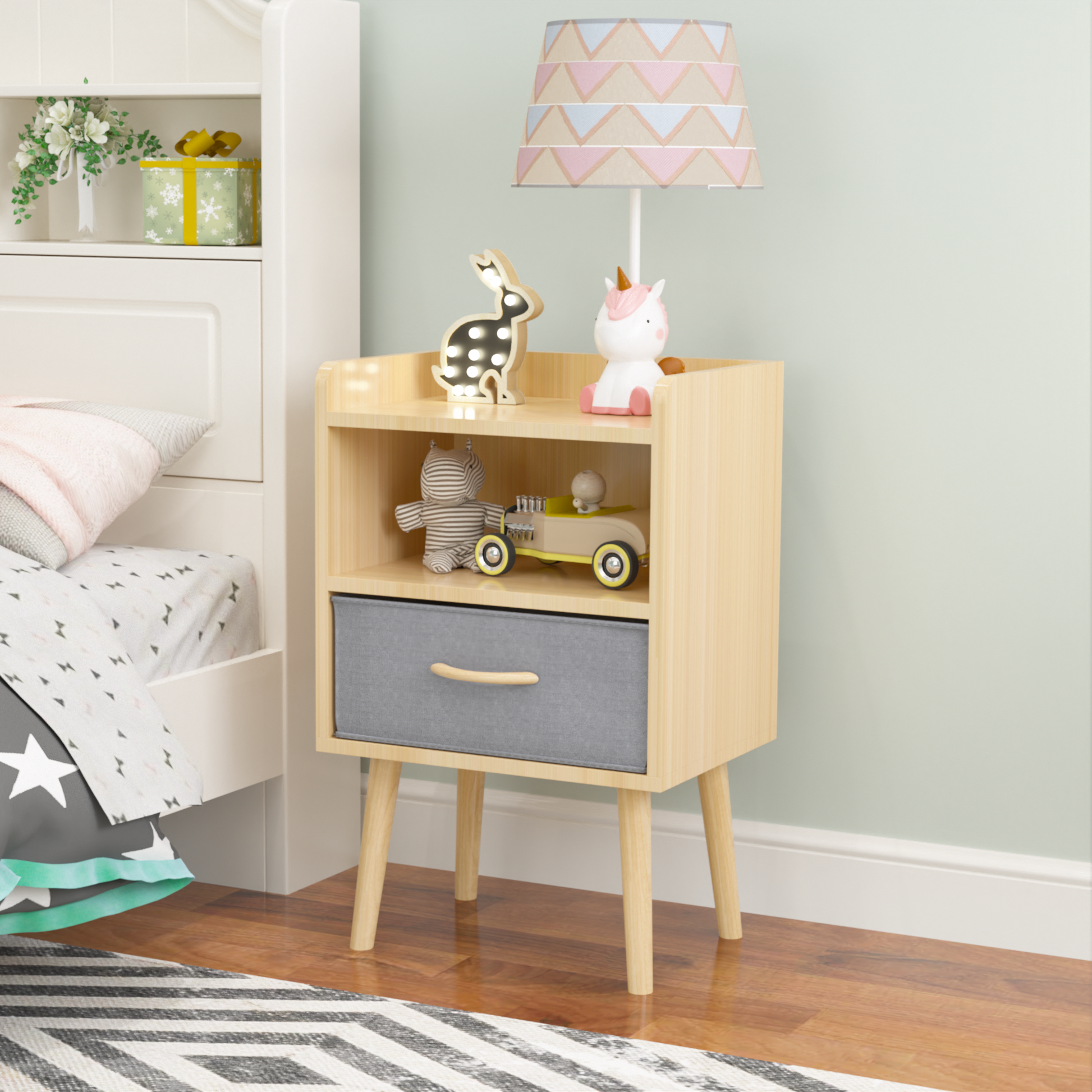 2Pc Nightstand With Collapsible Fabric Drawer, 2 Tier Storage End Table, Wood Side Table With Storage Cabinet For Bedroom, Living Room Oak Oak Engineered Wood
