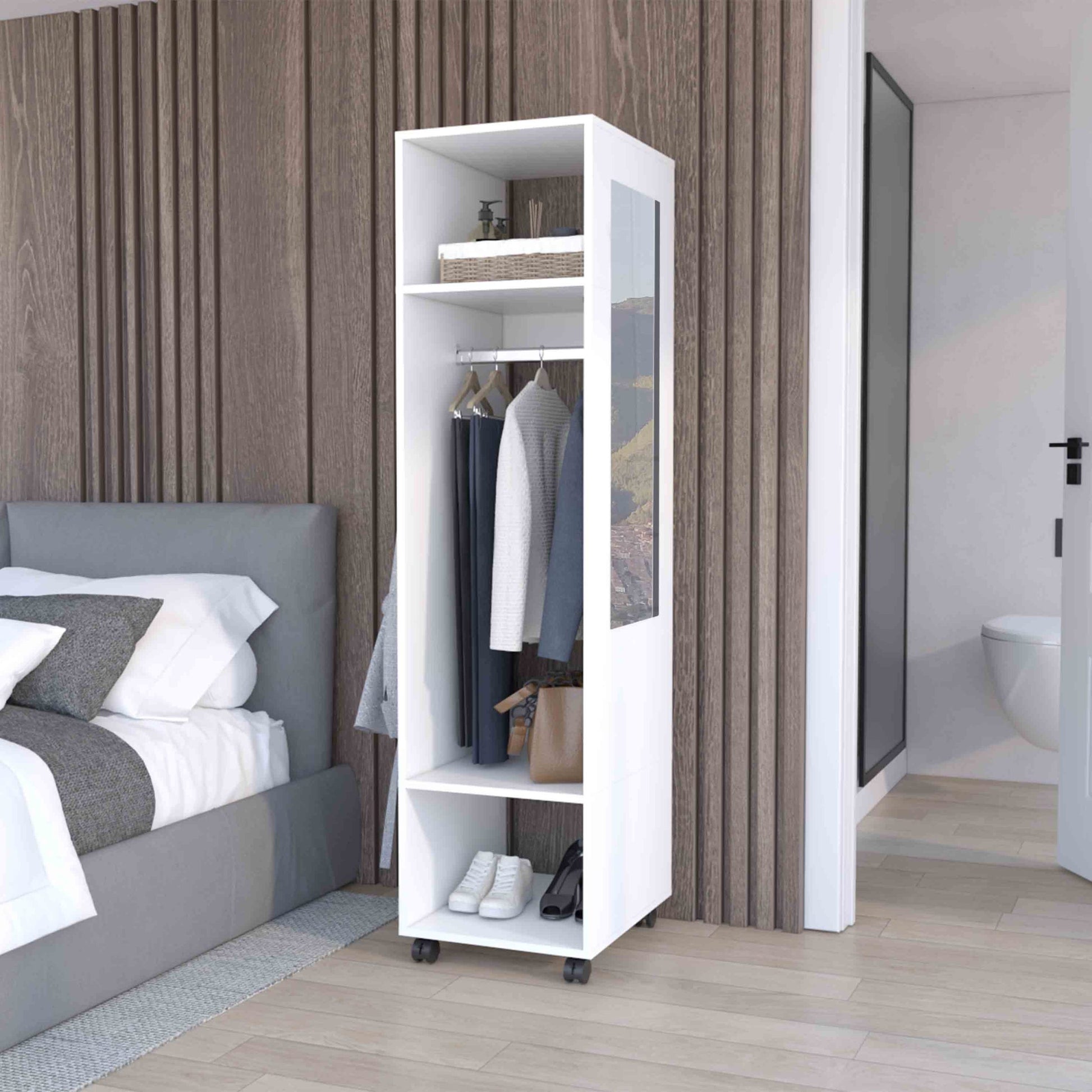 Cluster 63" Tall Wardrove With Mirror, Three Shelves, Casters And Hanging Rod, Armoire, Bedroom Clothes Storage, Cabinet Organizer White Bedroom Modern Particle Board