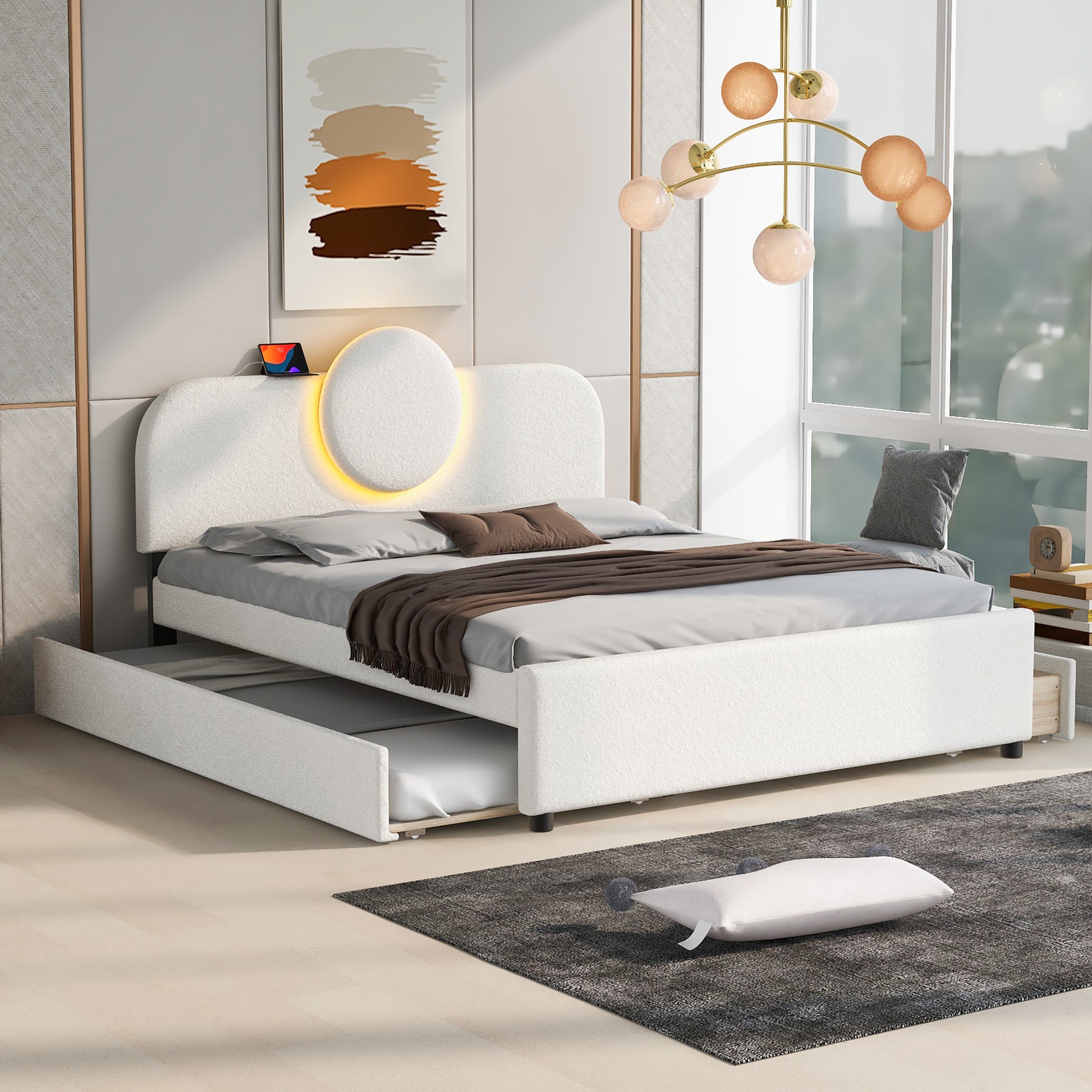 Queen Size Upholstered Platform Bed With Multi Functional Headboard, Trundle And 2 Drawers, White Box Spring Not Required Queen White Wood Bedroom Upholstered