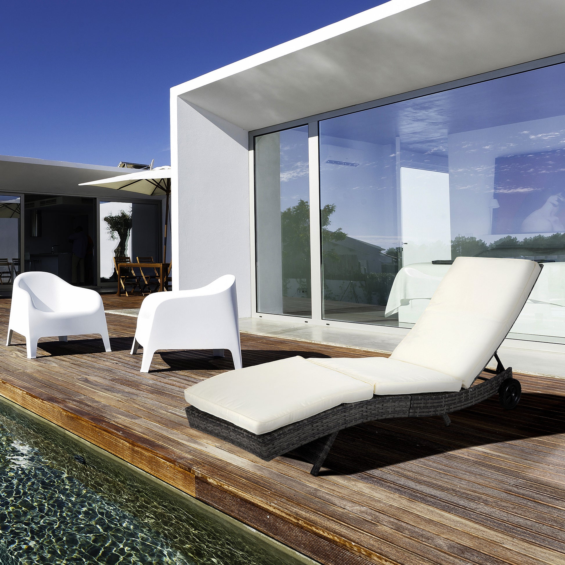 Outsunny Wicker Chaise Lounge Pool Chair, Outdoor Pe Rattan Cushioned Patio Sun Lounger W 5 Level Adjustable Backrest & Wheels For Easy Movement, Cream White Cream White Rattan