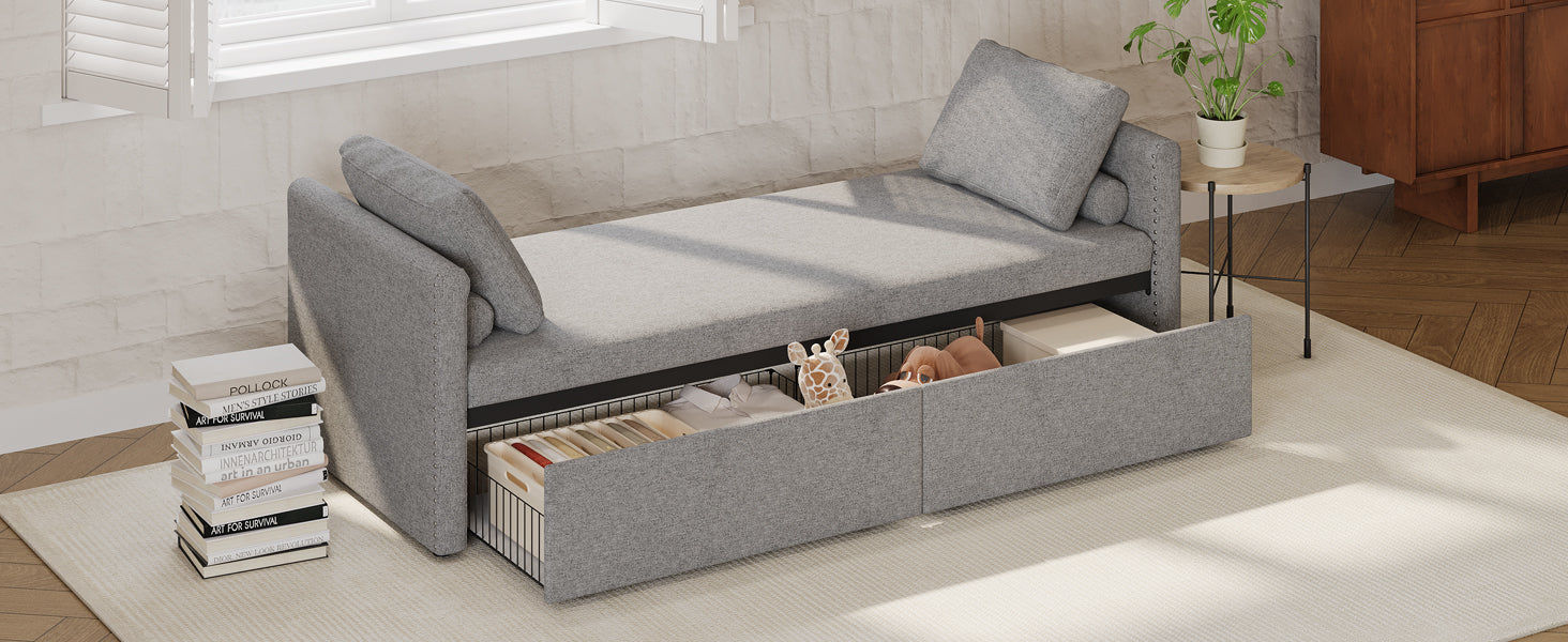 Modern Upholstered Chaise Lounger Daybed Small Single Daybed With 2 Drawers, No Mattress Needed, Perfect For Living Rooms & Home Office, Linen Fabric, Gray Gray Linen